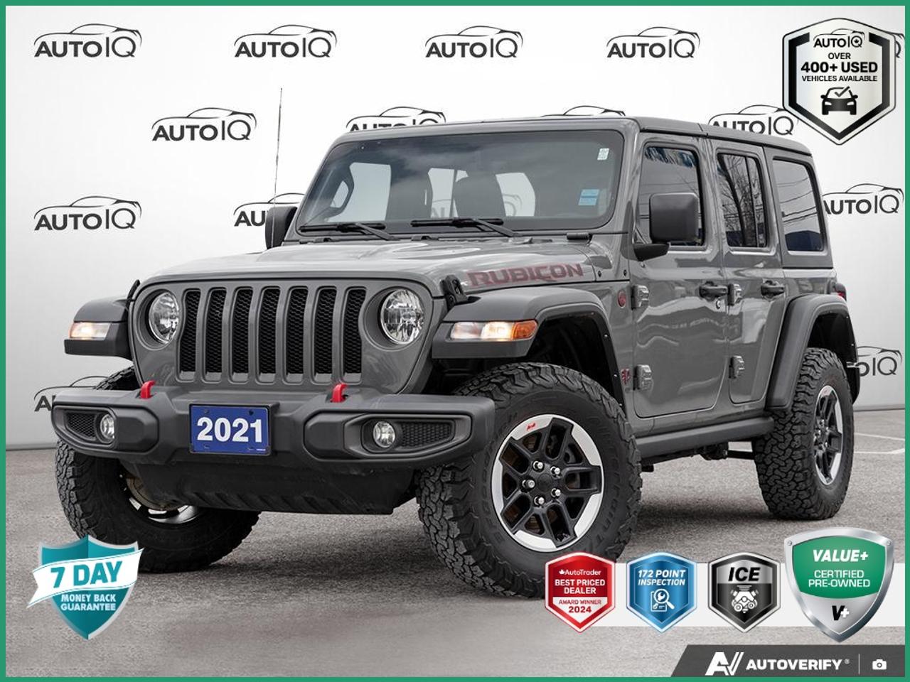 1-Yr SiriusXM Guardian Subscription, 4-Wheel Disc Brakes, 4G LTE Wi-Fi Hot Spot, 5-Yr SiriusXM Traffic Subscription, 8 Speakers, 8.4 Touchscreen, Air Conditioning, Alloy wheels, Alpine Premium Audio System, Auto-Dimming Rear-View Mirror, Automatic temperature control, Black Freedom Top 3-Piece Hardtop, Black Premium Sunrider Soft Top, Brake assist, Cloth Seats w/Rubicon Logo & Utility Grid, Delay-off headlights, Driver door bin, Driver vanity mirror, Dual front impact airbags, Dual front side impact airbags, Dual Top Group, Electronic Stability Control, For Details, Visit DriveUconnect.ca, Freedom Panel Storage Bag, Front anti-roll bar, Front Bucket Seats, Front dual zone A/C, Front fog lights, Fully automatic headlights, Garage door transmitter, GPS Navigation, HD Radio, Integrated roll-over protection, Leather steering wheel, Low tire pressure warning, Off-Road Information Pages, Outside temperature display, Panic alarm, ParkView Rear Back-Up Camera, Power door mirrors, Power steering, Power windows, Radio: Uconnect 4C Nav w/8.4 Display, Rear Window Defroster, Rear Window Wiper w/Washer, Remote keyless entry, Remote Start System, SiriusXM Traffic, SiriusXM Travel Link, SOS Call & Roadside Assistance Call, Split folding rear seat, Steering wheel mounted audio controls, Traction control, Uconnect 4C Nav & Sound Group, Variably intermittent wipers.<br><br>Sting-Gray Clearcoat<br>2021 Jeep Wrangler Unlimited Rubicon NAVIGATION | ALPINE PREMIUM SYSTEM | FRONT DUAL A/C | POWER WINDOWS | KEYELESS ENTRY | REMOTE STARTER |<br>NAVIGATION | ALPINE PREMIUM SYSTEM | FRONT DUAL A/C | POWER WINDOWS | KEYELESS ENTRY | REMOTE STARTER | 4D Sport Utility<br>2.0L I4 DOHC 8-Speed Automatic<br>4WD<p> </p>

<h4>VALUE+ CERTIFIED PRE-OWNED VEHICLE</h4>

<p>
- 36-point Provincial Safety Inspection<br>
- 172-point inspection combined mechanical, aesthetic, functional inspection including a vehicle report card<br>
- Warranty: 30 Days or 1500 KMS on mechanical safety-related items and extended plans are available<br>
- Complimentary CARFAX Vehicle History Report<br>
- 2X Provincial safety standard for tire tread depth<br>
- 2X Provincial safety standard for brake pad thickness<br>
- 7 Day Money Back Guarantee*<br>
- Market Value Report provided<br>
- Complimentary 3 months SIRIUS XM satellite radio subscription on equipped vehicles<br>
- Complimentary wash and vacuum<br>
- Vehicle scanned for open recall notifications from manufacturer
</p>

<p>SPECIAL NOTE: This vehicle is reserved for AutoIQs retail customers only. Please, No dealer calls. Errors & omissions excepted.</p>

<p>*As-traded, specialty or high-performance vehicles are excluded from the 7-Day Money Back Guarantee Program (including, but not limited to Ford Shelby, Ford mustang GT, Ford Raptor, Chevrolet Corvette, Camaro 2SS, Camaro ZL1, V-Series Cadillac, Dodge/Jeep SRT, Hyundai N Line, all electric models)</p>
