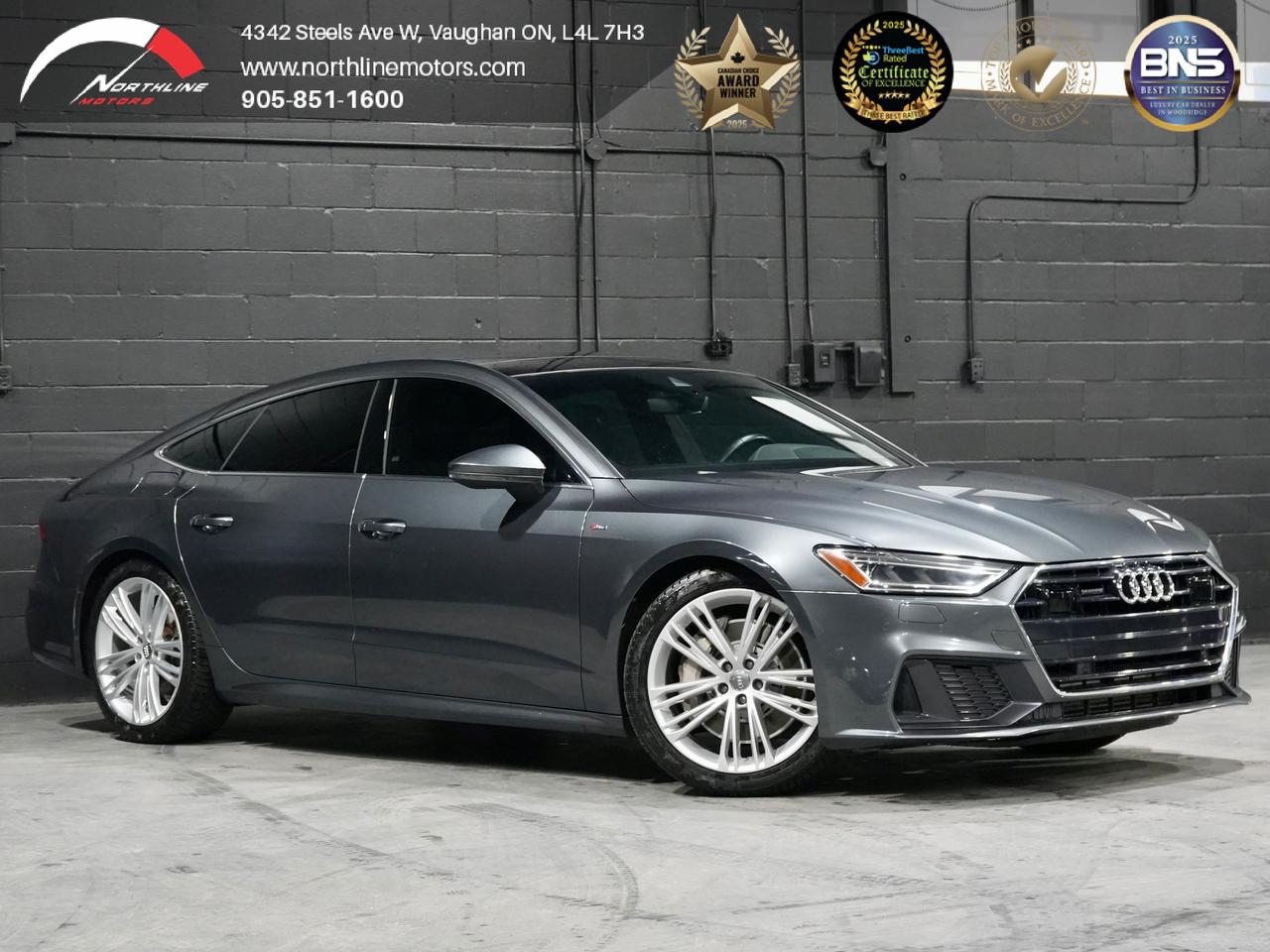 ***QUALIFY FOR A 4 YEAR WARRANTY ON OUR VEHICLES TODAY!!!

Vehicle Options Include: 
Sunroof, Navigation, Rearview Camera, Heated Seats Front and Back, Memory Seats, Heated Mirrors, Apple CarPlay, Paddle Shifters, Power Liftgate, Distance Warning, Pre Sense, Side Assist, Intersection Assist, Side Assist, Emergency Assist, Exit Warning, Bluetooth Connectivity, Audio Voice Control, NO ACCIDENTS

2019 GREY ON BLACK AUDI A7 

Northline Motors is a 5 star, family-owned dealership that prides itself on strong family values and a commitment to excellence. As consecutive winners of the Peoples Top Choice Award in the GTA, recognized as one of the Top Three Best Dealers in Vaughan by Top Three Rated, named Best Canadian Business by the Canada Business Review Board, and accredited by the Better Business Bureau with an A+ rating, our dedication to quality truly stands out. Weve also been honored with the Readers Choice Award in Vaughan. Visit our website for weekly updates on our exciting inventory, or stop by our pressure free, friendly showrooms - coffee and tea are always on us-to experience luxury, comfort, and innovation firsthand. With over 12 years of industry experience, we understand your needs and work tirelessly to deliver an exceptional experience every time. Our competitive prices and extensive selection of premium vehicles are backed by full transparency, comprehensive vehicle history reports, extended warranties, and aftermarket services. Serving customers nationwide, we invite you to call or visit today and become part of the ever growing Northline family. 

Please note: Prices exclude applicable taxes and licensing fees. All vehicles, unless otherwise specified, can be certified for an additional $999; otherwise, as per OMVIC regulations, the vehicle is not drivable, certified, or e tested. 

Although every effort is made to ensure the information provided is accurate and up-to-date, we do not take responsibility for any errors, omissions, or typographical mistakes found on our pages, including vehicle options. Additionally, prices are subject to change without notice. To ensure you have the most up-to-date information, please contact our sales team.
