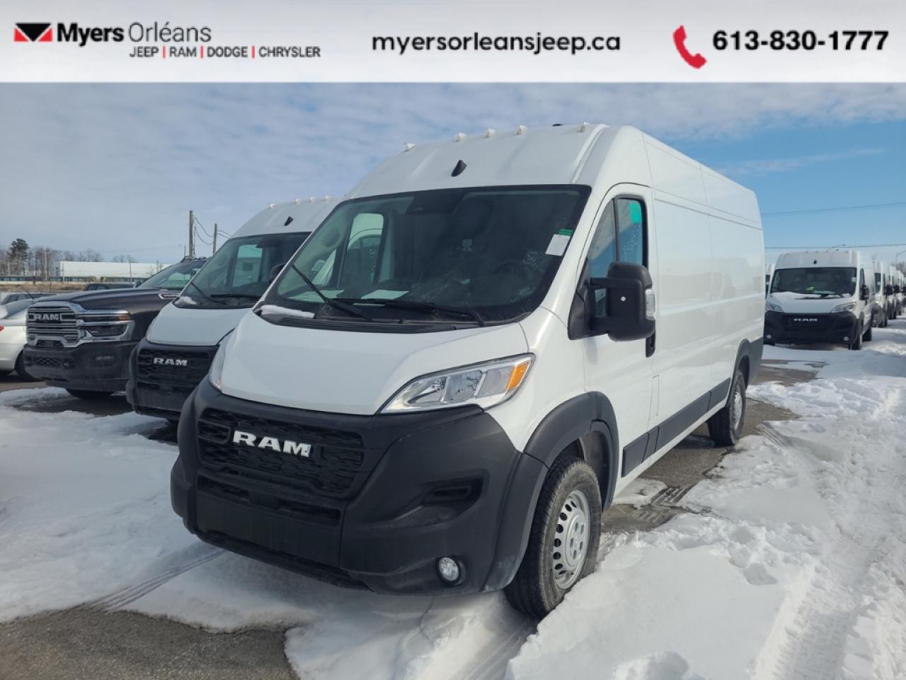 <b>Low Mileage, Rear Camera,  Remote Keyless Entry,  Uconnect3,  Streaming Audio,  Air Conditioning!</b><br> <br>  Compare at $54443 -  is just $52995! <br> <br> This is not just fresh inventory  this is a near new 2025 Ram ProMaster 3500 High Roof Extended, available now with an exceptional $15,000 savings off MSRP.<br> <br>The significant discount is the result of professional hail repair completed at the factory level, meaning the vehicle was restored to manufacturer standards before delivery. It is fully inspected, structurally uncompromised, and presents outstanding value for commercial buyers looking to maximize ROI without sacrificing quality.<br> <br>With just 181 km, this ProMaster is effectively new and ready to be put to work.<br> <br>Built for Business<br> <br>The 2025 ProMaster is a purpose-built, full-size commercial van engineered for maximum utility and configurability. Its nearly vertical side walls and uninterrupted cargo floor make it ideal for shelving, racking, and custom upfits.<br> <br>Exclusive front-wheel drive provides:<br> <br> Enhanced traction in all seasons<br> Lower step-in height<br> Increased cargo capacity<br> Best-in-class turning diameter<br> <br>Finished in Bright White and powered by the proven 3.6L Pentastar V6 producing 276 horsepower, paired with an automatic transmission.<br> <br>Trim: 3500 High Roof Extended 159<br> <br>This configuration offers serious cargo capability with exceptional interior height and length for contractors, delivery fleets, mobile service businesses, and specialty conversions.<br> <br>Key Features Include:<br> <br> ParkView Rear Back-Up Camera<br> Remote Keyless Entry<br> Uconnect 3 with 5-inch Display<br> Streaming Audio<br> Air Conditioning<br> Power Windows<br> Tire Pressure Monitoring<br> Electronic Stability Control<br> Trailer Sway Control<br> Electronic Roll Mitigation<br> <br>Why This ProMaster Makes Sense<br> <br> Brand new 2025 model<br> $15,000 below MSRP<br> Factory-level hail repair completed<br> Immediate availability<br> Exceptional value compared to ordering new<br> <br>This is a rare opportunity to secure a current-model ProMaster at a substantial discount while still benefiting from a  platform ready for upfit and deployment.<br> <br>Serious commercial buyers know opportunities like this move quickly. Contact us today for full details or to secure it before its gone.<br> To view the original window sticker for this vehicle view this <a href=http://www.chrysler.com/hostd/windowsticker/getWindowStickerPdf.do?vin=3C6MRVJG1SE555444 target=_blank>http://www.chrysler.com/hostd/windowsticker/getWindowStickerPdf.do?vin=3C6MRVJG1SE555444</a>. <br/><br> <br>To apply right now for financing use this link: <a href=https://www.myersorleansjeep.ca/apply-for-financing/ target=_blank>https://www.myersorleansjeep.ca/apply-for-financing/</a><br><br> <br/><br> Buy this vehicle now for the lowest weekly payment of <b>$172.51</b> with $0 down for 96 months @ 7.99% APR O.A.C. ( Plus applicable taxes -  Plus applicable fees   / Total Obligation of $71764  ).  See dealer for details. <br> <br>The road to new driving experiences begins in our inventory, where youll find an incredible array of brand-new cars, trucks, minivans, and SUVs, including two of our bestselling models, the Dodge Ram 1500 and the Dodge Grand Caravan. If you want to know what the cutting edge of automotive technology looks like, all you have to do is visit Myers Orleans Jeep! Each model comes loaded with the convenient features and cool technology that help make every trip memorable. Looking for additional everyday luxury at a price thats incredibly wallet-friendly? Choose from our selection of quality pre-owned models! If you can think of a road, our friendly and knowledgeable sales team will help you find the perfect vehicle to drive it.<br><br>We may be a well-established dealership thats been part of the community for many years, but that doesnt mean were stuck in the past! At Myers Orleans Jeep, were proud to provide a fresh, modern approach to car buying. Using our array of online tools, you can browse our extensive inventory, schedule a service appointment, order parts, and even apply for credit from wherever youve got a connection. Our goal is to create relationships that will last, and we know that the best way to do this is by providing a dealership experience thats based on honesty, transparency, trust, and a commitment to customers. Stop by today and discover all the ways we go above and beyond for you.<br><br> Come by and check out our fleet of 40+ used cars and trucks and 60+ new cars and trucks for sale in Orleans.  o~o