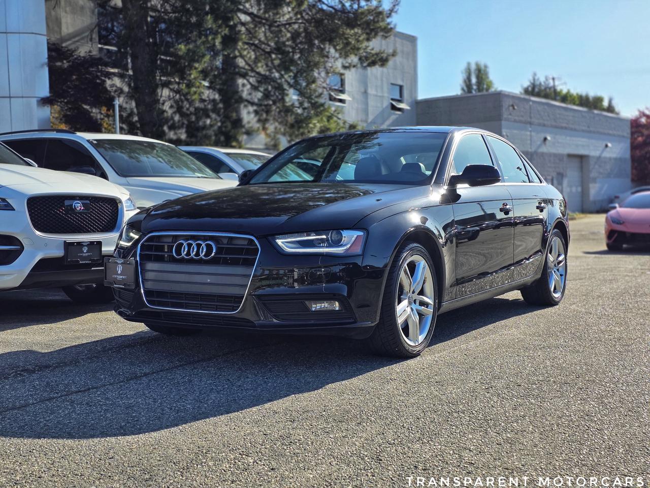 Transparent Motorcars is pleased to offer this beautiful 2014 Audi A4 Technik With 73,858kms. It Features 220 Horsepower 2.0L Turbocharged Engine Paired With 8-Speed Shiftable Automatic Transmission Layered With All-Wheel-Drive System, Keyless Start/Entry, Power Sunroof, Navigation, Rearview Camera, Tri-Zone Climate Control, Heated Seats, Bang & Olufsen Premium Sound System, Blind Spot Monitoring, Bluetooth Audio And Much More! <br/> <br/> <br/> Stock# F000388A Dealer #50276 <br/> <br/> <br/> $595 Documentation Fee <br/> <br/> <br/> This vehicle has undergone a comprehensive 110-point inspection at our state-of-the-art service facility, covering: Powertrain, Suspension, Tire Tread Depth ,Brake Condition ,All Electrical Components <br/> <br/> <br/> *Each vehicle comes with a limited warranty for your peace of mind. <br/> <br/> <br/> *Free, full CARFAX Vehicle History Report available upon request. <br/> <br/> <br/> *We are a 5-star rated Google dealership, trusted by our customers. <br/> <br/> <br/> *Thousands of satisfied customers  we invite you to join our automotive family! <br/> <br/> <br/> *Complimentary pick-up service from the airport, ferry terminal, or SkyTrain station is available. <br/> <br/> <br/> *For details on our refund and buyback policy, please contact our team directly. <br/> <br/> <br/> At our dealership, we pride ourselves on building lasting relationships with our customers. Were not just a one-time dealer  we are committed to being your trusted partner for all your vehicle needs, now and in the future. From your initial purchase to ongoing service, we aim to exceed expectations every step of the way. <br/>