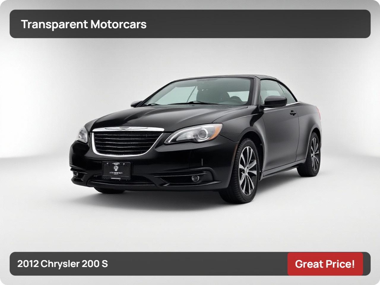 Transparent Motorcars is pleased to offer this beautiful 2012 Chrysler 200 Convertible With 96,969kms. It Features 283 Horsepower 3.6L V6 Engine Paired With 6-Speed Automatic Transmission, Clean Carfax, Convertible Hardtop, Automatic Headlights, Heated Mirrors, Power Mirrors, Power Seats, Auto Mimming Rearview Mirror, Heated Seats, Premium Sound System, Remote Trunk Release, Keyless Entry, Remote Engine Start, Cruise Control, Navigation, Trip Computer And Much More! <br/> <br/> <br/> <br/> <br/> Stock# F000492C Dealer # 50276 <br/> <br/> <br/> $995 Documentation Fee <br/> <br/> <br/> 3771 No.3 Road Richmond/4211 No.3 Road Richmond <br/> <br/> <br/> This vehicle has undergone a comprehensive 110-point inspection at our state-of-the-art service facility, covering: Powertrain, Suspension, Tire Tread Depth ,Brake Condition ,All Electrical Components <br/> <br/> <br/> *Each vehicle comes with a limited warranty for your peace of mind. <br/> <br/> <br/> *Free, full CARFAX Vehicle History Report available upon request. <br/> <br/> <br/> *We are a 5-star rated Google dealership, trusted by our customers. <br/> <br/> <br/> *Thousands of satisfied customers  we invite you to join our automotive family! <br/> <br/> <br/> *Complimentary pick-up service from the airport, ferry terminal, or SkyTrain station is available. <br/> <br/> <br/> *For details on our refund and buyback policy, please contact our team directly. <br/> <br/> <br/> At our dealership, we pride ourselves on building lasting relationships with our customers. Were not just a one-time dealer  we are committed to being your trusted partner for all your vehicle needs, now and in the future. From your initial purchase to ongoing service, we aim to exceed expectations every step of the way. <br/>