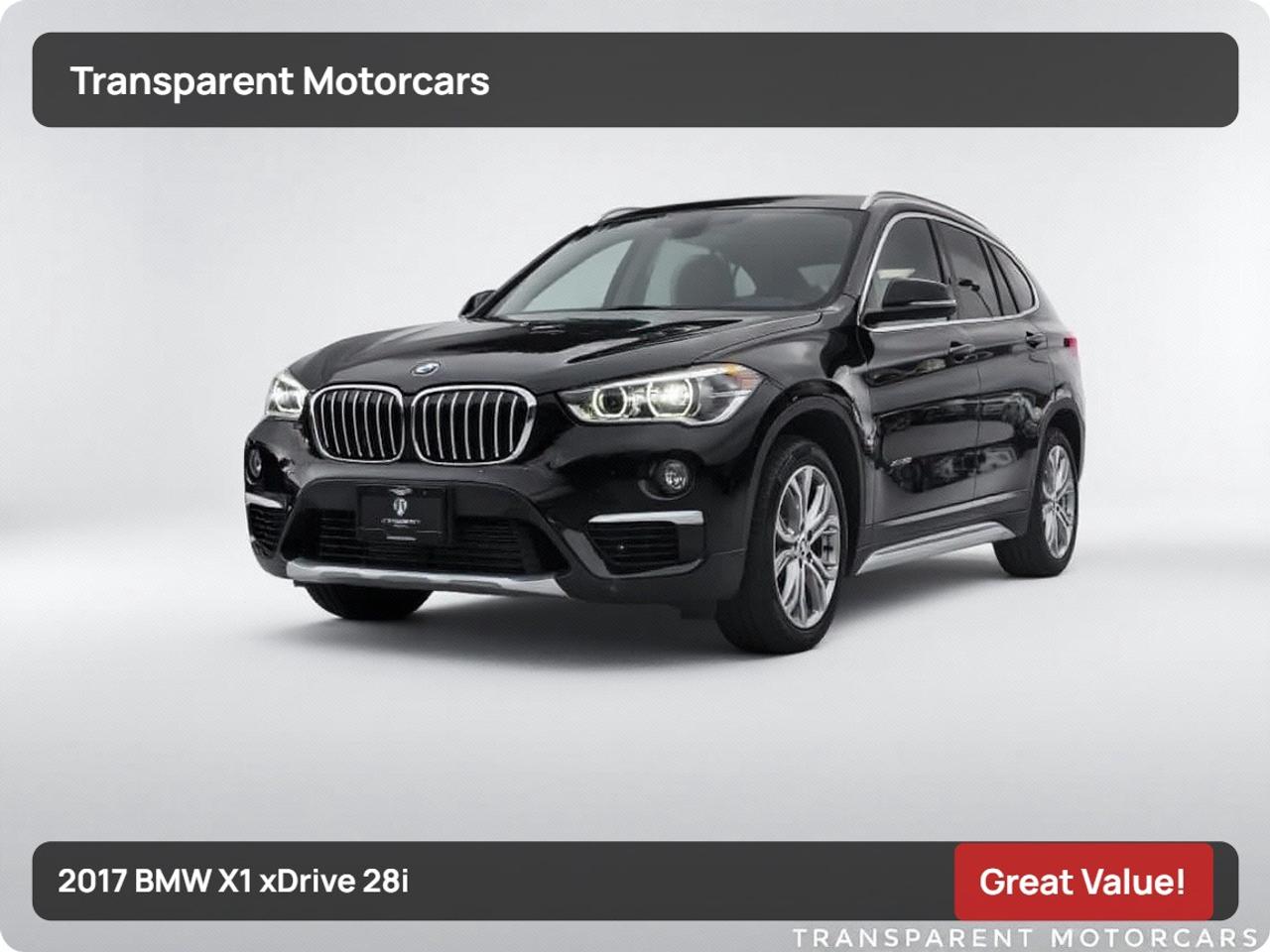 Transparent Motorcars is pleased to offer this beautiful black sapphire 2017 BMW X1 xDrive 28i With 59,640kms. It Features 228 Horsepower 2.0L Turbocharged Engine Paired With 8-Speed Shiftable Automatic Transmission Layered With All-Wheel-Drive System, PREMIUM ENHANCED PACKAGE, Auto-Dimming Rearview Mirror, Driver/Passenger Adjustable Lumbar, Hands-Free Tailgate, Heated Steering Wheel, Keyless Entry/Start, Navigation System, Panoramic Sunroof, Remote Trunk Release, Satellite Radio, Security System, Smart Device Integration, Sun/Moonroof, Privacy Glass, Harman/Kardon Premium Sound System And Much More! <br/> <br/> <br/> Stock# F000511B Dealer # 50276 <br/> <br/> <br/> $995 Documentation Fee <br/> <br/> <br/> 3771 No.3 Road Richmond/4211 No.3 Road Richmond <br/> <br/> <br/> This vehicle has undergone a comprehensive 110-point inspection at our state-of-the-art service facility, covering: Powertrain, Suspension, Tire Tread Depth ,Brake Condition ,All Electrical Components <br/> <br/> <br/> *Each vehicle comes with a limited warranty for your peace of mind. <br/> <br/> <br/> *Free, full CARFAX Vehicle History Report available upon request. <br/> <br/> <br/> *We are a 5-star rated Google dealership, trusted by our customers. <br/> <br/> <br/> *Thousands of satisfied customers  we invite you to join our automotive family! <br/> <br/> <br/> *Complimentary pick-up service from the airport, ferry terminal, or SkyTrain station is available. <br/> <br/> <br/> *For details on our refund and buyback policy, please contact our team directly. <br/> <br/> <br/> At our dealership, we pride ourselves on building lasting relationships with our customers. Were not just a one-time dealer  we are committed to being your trusted partner for all your vehicle needs, now and in the future. From your initial purchase to ongoing service, we aim to exceed expectations every step of the way. <br/>