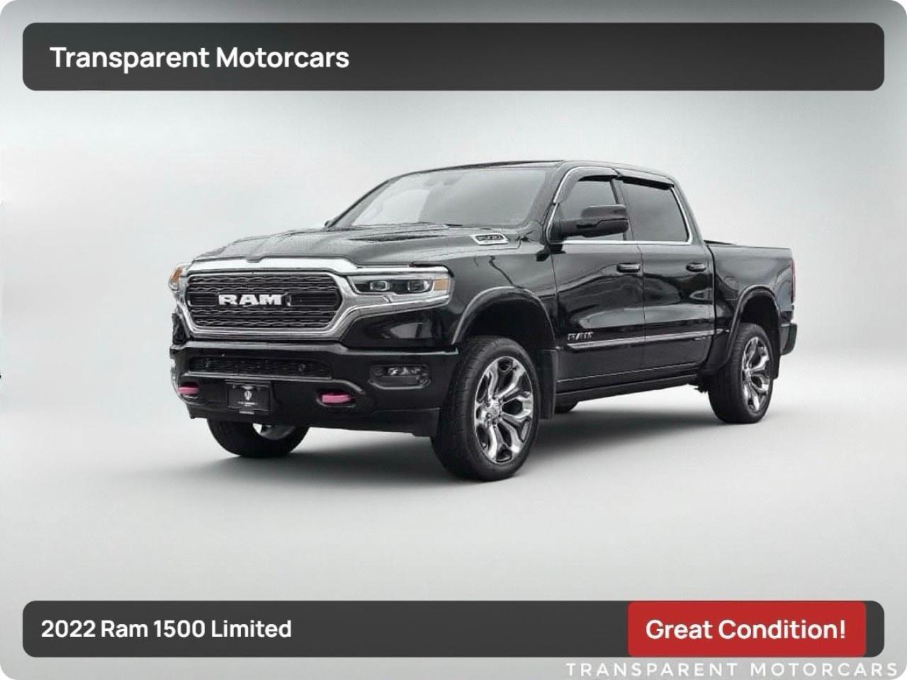 Transparent Motorcars is pleased to offer this beautiful Diamond Black Crystal 2022 Ram 1500 Limited With 75,481kms. It Features 395 Horsepower 5.7L V8 HEMI Engine Paired With 8-Speed Automatic Transmission Layered With All-Wheel-Drive System, Backflip Tonneau Cover, Keyless Start/Entry, Tow Hitch, Master Flow Performance Exhaust, Panoramic Sunroof, Aluminum Wheels, Heated/Cooled Seats, Heated Steering Wheel, Suspension Lifter, Alpine Premium Sound System, Apple CarPlay/Android Auto, Wifi Hotspot, Woodgrain Interior Trim, Universal Garage Door Opener, Blind Spot Monitoring, Remote Engine Start, 124.9 Fuel Tank And Much More! <br/> <br/> <br/> Stock# F000513M Dealer # 50276 <br/> <br/> <br/> $995 Documentation Fee <br/> <br/> <br/> 3771 No.3 Road Richmond/4211 No.3 Road Richmond <br/> <br/> <br/> This vehicle has undergone a comprehensive 110-point inspection at our state-of-the-art service facility, covering: Powertrain, Suspension, Tire Tread Depth ,Brake Condition ,All Electrical Components <br/> <br/> <br/> *Each vehicle comes with a limited warranty for your peace of mind. <br/> <br/> <br/> *Free, full CARFAX Vehicle History Report available upon request. <br/> <br/> <br/> *We are a 5-star rated Google dealership, trusted by our customers. <br/> <br/> <br/> *Thousands of satisfied customers  we invite you to join our automotive family! <br/> <br/> <br/> *Complimentary pick-up service from the airport, ferry terminal, or SkyTrain station is available. <br/> <br/> <br/> *For details on our refund and buyback policy, please contact our team directly. <br/> <br/> <br/> At our dealership, we pride ourselves on building lasting relationships with our customers. Were not just a one-time dealer  we are committed to being your trusted partner for all your vehicle needs, now and in the future. From your initial purchase to ongoing service, we aim to exceed expectations every step of the way. <br/>