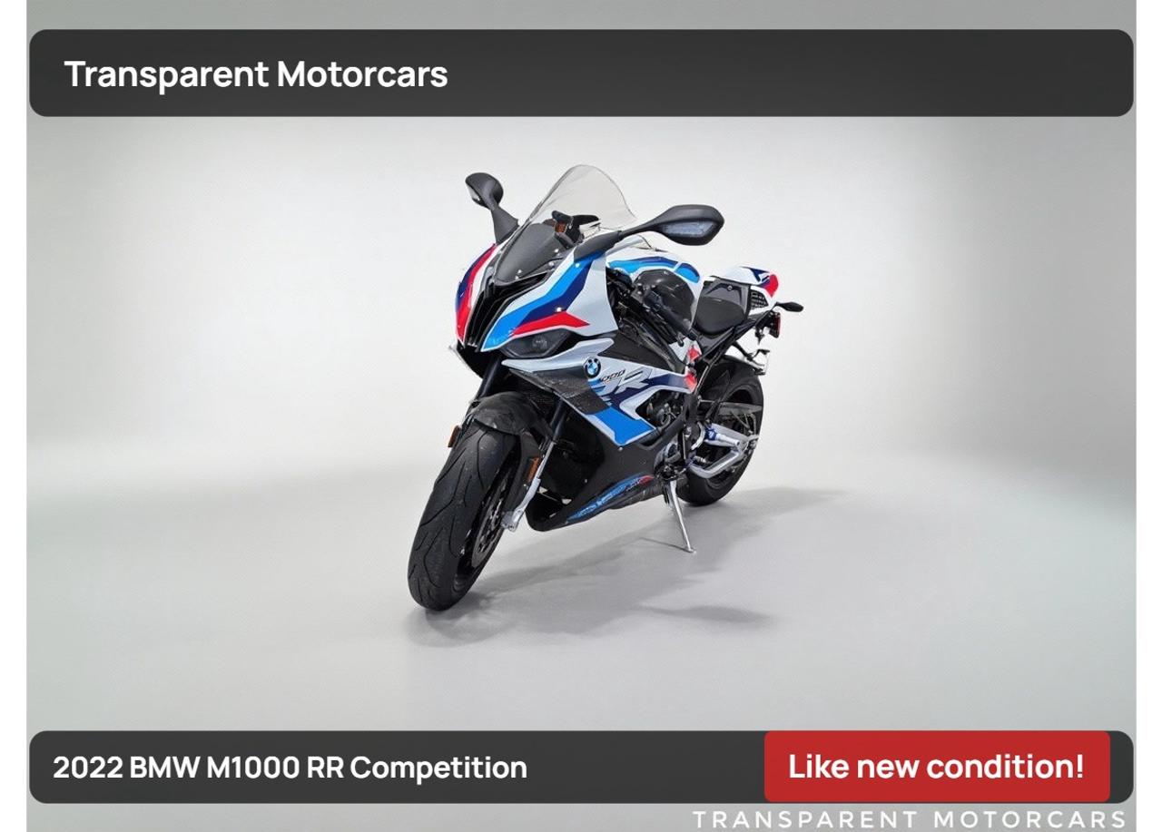 Transparent Motorcars is pleased to offer this beautiful 2022 BMW M1000 RR Competition With 683kms ONLY, Clean Carfax. It Features 205 Horsepower Inline 4 Engine Paired With 6-Speed Constant-Mesh Gearbox With a Slipper Clutch, 6.5inch TFT Display, Carbon Fiber Rims, Carbon Fiber Body Kits, M Brakes, Riding Mode Pro, Dynamic Traction Control, Wheelie Control, Launch Control, Dynamic Brake Control, AK Performance Exhaust And Much More! <br/> <br/> <br/> Stock# F000525B Dealer # 50276 <br/> <br/> <br/> $995 Documentation Fee <br/> <br/> <br/> 3771 No.3 Road Richmond/4211 No.3 Road Richmond <br/> <br/> <br/> This vehicle has undergone a comprehensive 110-point inspection at our state-of-the-art service facility, covering: Powertrain, Suspension, Tire Tread Depth ,Brake Condition ,All Electrical Components <br/> <br/> <br/> *Each vehicle comes with a limited warranty for your peace of mind. <br/> <br/> <br/> *Free, full CARFAX Vehicle History Report available upon request. <br/> <br/> <br/> *We are a 5-star rated Google dealership, trusted by our customers. <br/> <br/> <br/> *Thousands of satisfied customers  we invite you to join our automotive family! <br/> <br/> <br/> *Complimentary pick-up service from the airport, ferry terminal, or SkyTrain station is available. <br/> <br/> <br/> *For details on our refund and buyback policy, please contact our team directly. <br/> <br/> <br/> At our dealership, we pride ourselves on building lasting relationships with our customers. Were not just a one-time dealer  we are committed to being your trusted partner for all your vehicle needs, now and in the future. From your initial purchase to ongoing service, we aim to exceed expectations every step of the way. <br/>