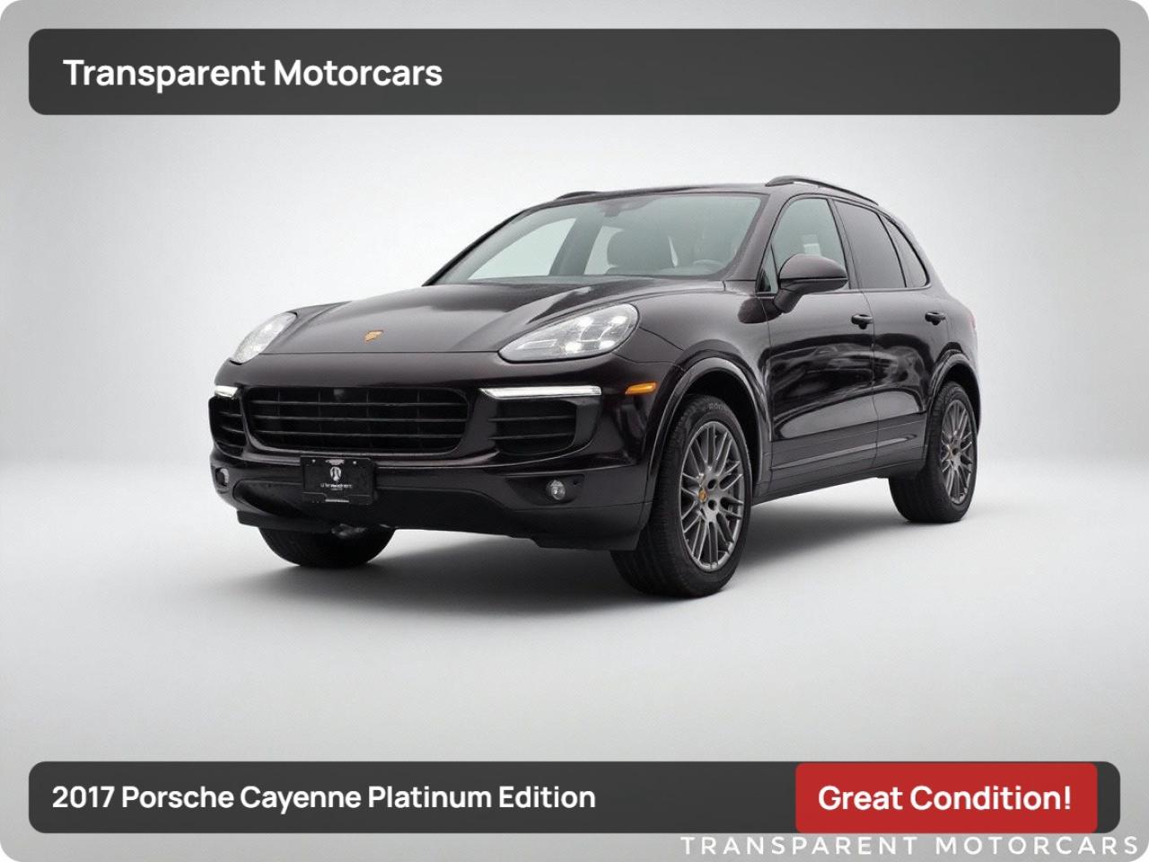 Transparent Motorcars is pleased to offer this beautiful 2017 Porsche Cayenne Platinum Edition With 84,581kms, Great Condition! It Features 300 Horsepower 3.6L V6 Engine Paired With 8-Speed Automatic Transmission Layered With All-Wheel-Drive System, PREMIUM PLUS PACAKGE, Panoramic Roof System, Porsche Entry And Drive, Seat Ventilation, Comfort Lighting Package With Memory Package, 14-Way Power Seats With Memory Package, Front And Rear Heated Seat, LED Headlights incl. Porsche Dynamic Light System Plus, Electric Sunblind Rear Side Windows, Lane Change Assist, Parking Assist, Compass Display, 360 Camera, Bose Premium Sound System, Soft Close Doors And Much More! <br/> <br/> <br/> Stock# F000531P Dealer # 50276 <br/> <br/> <br/> $995 Documentation Fee <br/> <br/> <br/> 3771 No.3 Road Richmond/4211 No.3 Road Richmond <br/> <br/> <br/> This vehicle has undergone a comprehensive 110-point inspection at our state-of-the-art service facility, covering: Powertrain, Suspension, Tire Tread Depth ,Brake Condition ,All Electrical Components <br/> <br/> <br/> *Each vehicle comes with a limited warranty for your peace of mind. <br/> <br/> <br/> *Free, full CARFAX Vehicle History Report available upon request. <br/> <br/> <br/> *We are a 5-star rated Google dealership, trusted by our customers. <br/> <br/> <br/> *Thousands of satisfied customers  we invite you to join our automotive family! <br/> <br/> <br/> *Complimentary pick-up service from the airport, ferry terminal, or SkyTrain station is available. <br/> <br/> <br/> *For details on our refund and buyback policy, please contact our team directly. <br/> <br/> <br/> At our dealership, we pride ourselves on building lasting relationships with our customers. Were not just a one-time dealer  we are committed to being your trusted partner for all your vehicle needs, now and in the future. From your initial purchase to ongoing service, we aim to exceed expectations every step of the way. <br/>