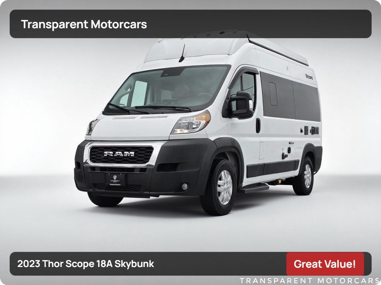 Transparent Motorcars is pleased to offer this beautiful 2023 Thor Scope 18A Skybunk With 13,300kms Only, Clean Carfax, It sleeps 4-5 people. <br/> <br/> <br/> - A/C AIR8 Kit With Temp Sensor, Thermostat <br/> - Furnace Water Heater Combination 2.64GLA <br/> - Generator PKG <br/> - Stove Top With 2 Burner, Electric Ignition, Stainless Steel, With Drop In Glass Cover Kit <br/> - Refrigerator <br/> - 10 Awing Cassette lack Power With Support, Gray Fade <br/> - Toilet With Shower <br/> - Omni - Directional Seats <br/> - Skybunk Package <br/> - Rearview Camera/Touch Screen/Navigation/Apple CarPlay/Android Auto And Much More! <br/> <br/> <br/> Stock# G0034T. Dealer # 50276 <br/> <br/> <br/> $995 Documentation Fee <br/> <br/> <br/> 3771 No.3 Road Richmond/4211 No.3 Road Richmond <br/> <br/> <br/> This vehicle has undergone a comprehensive 110-point inspection at our state-of-the-art service facility, covering: Powertrain, Suspension, Tire Tread Depth ,Brake Condition ,All Electrical Components <br/> <br/> <br/> *Each vehicle comes with a limited warranty for your peace of mind. <br/> <br/> <br/> *Free, full CARFAX Vehicle History Report available upon request. <br/> <br/> <br/> *We are a 5-star rated Google dealership, trusted by our customers. <br/> <br/> <br/> *Thousands of satisfied customers  we invite you to join our automotive family! <br/> <br/> <br/> *Complimentary pick-up service from the airport, ferry terminal, or SkyTrain station is available. <br/> <br/> <br/> *For details on our refund and buyback policy, please contact our team directly. <br/> <br/> <br/> At our dealership, we pride ourselves on building lasting relationships with our customers. Were not just a one-time dealer  we are committed to being your trusted partner for all your vehicle needs, now and in the future. From your initial purchase to ongoing service, we aim to exceed expectations every step of the way. <br/> - <br/>