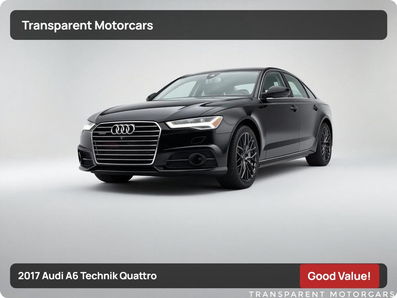 Transparent Motorcars is pleased to offer this beautiful 2017 Audi A6 Technik Quattro With 80,634kms. Clean Carfax! It Features 330 Horsepower Supercharged Engine Paired With 8-Speed Shiftable Automatic Transmission, All-Wheel-Drive System, Bucket Leather Seats, 8-Way Power Front Seats, Heated/Ventilated Seats, Blind Spot Detection, Pre-Collision Safety System, Stability/Traction Control, Bose Surround Sound System, Keyless Functions, Multifunction Steering Wheel, Cruise Control, Trip Computer, Ambient interior lighting, Dual-Zone Automatic Climate Control, Full LED Headlights, Power Trunk Lid, MMI® Navigation Plus With MMI Touch, Top-And-Corner View Camera System And Much More! <br/> <br/> <br/> Stock# G0045A Dealer # 50276 <br/> <br/> <br/> $995 Documentation Fee <br/> <br/> <br/> 3771 No.3 Road Richmond/4211 No.3 Road Richmond <br/> <br/> <br/> This vehicle has undergone a comprehensive 110-point inspection at our state-of-the-art service facility, covering: Powertrain, Suspension, Tire Tread Depth ,Brake Condition ,All Electrical Components <br/> <br/> <br/> *Each vehicle comes with a limited warranty for your peace of mind. <br/> <br/> <br/> *Free, full CARFAX Vehicle History Report available upon request. <br/> <br/> <br/> *We are a 5-star rated Google dealership, trusted by our customers. <br/> <br/> <br/> *Thousands of satisfied customers  we invite you to join our automotive family! <br/> <br/> <br/> *Complimentary pick-up service from the airport, ferry terminal, or SkyTrain station is available. <br/> <br/> <br/> *For details on our refund and buyback policy, please contact our team directly. <br/> <br/> <br/> At our dealership, we pride ourselves on building lasting relationships with our customers. Were not just a one-time dealer  we are committed to being your trusted partner for all your vehicle needs, now and in the future. From your initial purchase to ongoing service, we aim to exceed expectations every step of the way. <br/>