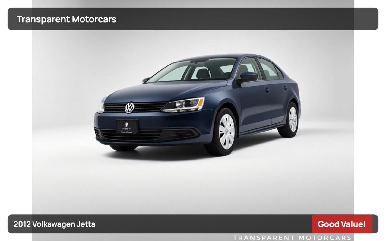 Transparent Motorcars is pleased to offer this beautiful 2012 Volkswagen Jetta With 122,936kms, It Features 115 Horsepower 2.0L Engine Paired With 6-Speed Automatic Transmission. Power Windows, Stability/Traction Control, 4-Wheel ABS, TMPS, Engine Immobilizer, Heated Mirrors, Power Steering And Much More! <br/> <br/> <br/> Stock# G0074V Dealer # 50276 <br/> <br/> <br/> $995 Documentation Fee <br/> <br/> <br/> 3771 No.3 Road Richmond/4211 No.3 Road Richmond <br/> <br/> <br/> This vehicle has undergone a comprehensive 110-point inspection at our state-of-the-art service facility, covering: Powertrain, Suspension, Tire Tread Depth ,Brake Condition ,All Electrical Components <br/> <br/> <br/> *Each vehicle comes with a limited warranty for your peace of mind. <br/> <br/> <br/> *Free, full CARFAX Vehicle History Report available upon request. <br/> <br/> <br/> *We are a 5-star rated Google dealership, trusted by our customers. <br/> <br/> <br/> *Thousands of satisfied customers  we invite you to join our automotive family! <br/> <br/> <br/> *Complimentary pick-up service from the airport, ferry terminal, or SkyTrain station is available. <br/> <br/> <br/> *For details on our refund and buyback policy, please contact our team directly. <br/> <br/> <br/> At our dealership, we pride ourselves on building lasting relationships with our customers. Were not just a one-time dealer  we are committed to being your trusted partner for all your vehicle needs, now and in the future. From your initial purchase to ongoing service, we aim to exceed expectations every step of the way. <br/>