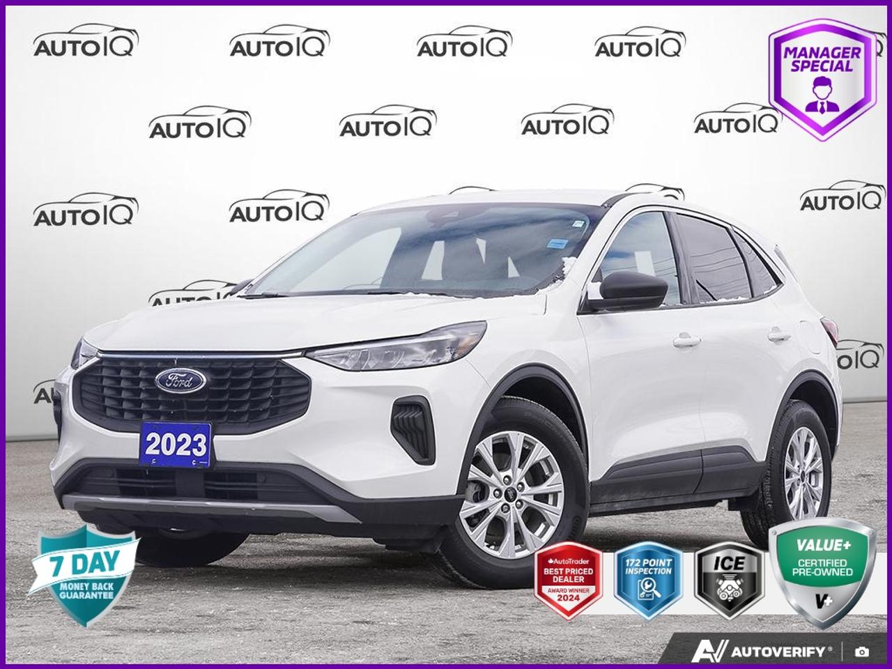 CARFAX Canada One Owner Odometer is 65419 kilometers below market average!<br><br>AWD, 4-Way Manual Passenger Seat, 6 Speakers, 8-Way Power Driver Seat, Air Conditioning, Auto High-beam Headlights, Automatic temperature control, Brake assist, Bumpers: body-colour, Cold Weather Package, Delay-off headlights, Dual front impact airbags, Dual front side impact airbags, Easy Access Cargo Shade, Electronic Stability Control, Emergency communication system: SYNC 4 911 Assist, Equipment Group 200A, Front anti-roll bar, Front Bucket Seats, Front dual zone A/C, Front reading lights, Fully automatic headlights, Heated door mirrors, Heated Front Row Seats, Heated Premium-Wrapped Steering Wheel, Heated Sideview Mirrors, Heated steering wheel, Illuminated entry, Knee airbag, Low tire pressure warning, Panic alarm, Power door mirrors, Power driver seat, Power Liftgate, Power steering, Power windows, Radio: AM/FM Stereo w/SiriusXM, Rear Parking Sensors, Rear window defroster, Rear window wiper, Remote keyless entry, Remote Start System, Speed-Sensitive Wipers, Split folding rear seat, Spoiler, Steering wheel mounted audio controls, SYNC 4 Communications & Entertainment System, Tilt steering wheel, Trip computer, Unique Cloth Front Bucket Seats, Variably intermittent wipers, Wheels: 17 Shadow Silver-Painted Aluminum.<br><br>White Metallic<br>2023 Ford Escape Active 200A | COLD WEATHER PACKAGE | FRONT DUAL A/C | KEYLESS ENTRY | HEATED STEERING WHEEL | POWER LIFTGATE | UNIQUE FRONT CLOTH BUCKET SEATS<br>200A | COLD WEATHER PACKAGE | FRONT DUAL A/C | KEYLESS ENTRY | HEATED STEERING WHEEL | POWER LIFTGATE | UNIQUE FRONT CLOTH BUCKET SEATS 4D Sport Utility<br>1.5L EcoBoost 8-Speed Automatic<br>AWD<p> </p>

<h4>MANAGER SPECIAL VALUE+ CERTIFIED PRE-OWNED VEHICLE</h4>

<p>
- 36-point Provincial Safety Inspection<br>
- 172-point inspection combined mechanical, aesthetic, functional inspection including a vehicle report card<br>
- Warranty: 30 Days or 1500 KMS on mechanical safety-related items and extended plans are available<br>
- Complimentary CARFAX Vehicle History Report<br>
- 2X Provincial safety standard for tire tread depth<br>
- 2X Provincial safety standard for brake pad thickness<br>
- 7 Day Money Back Guarantee*<br>
- Market Value Report provided<br>
- Complimentary 3 months SIRIUS XM satellite radio subscription on equipped vehicles<br>
- Complimentary wash and vacuum<br>
- Vehicle scanned for open recall notifications from manufacturer
</p>

<p>SPECIAL NOTE: This vehicle is reserved for AutoIQs retail customers only. Please, No dealer calls. Errors & omissions excepted.</p>

<p>*As-traded, specialty or high-performance vehicles are excluded from the 7-Day Money Back Guarantee Program (including, but not limited to Ford Shelby, Ford mustang GT, Ford Raptor, Chevrolet Corvette, Camaro 2SS, Camaro ZL1, V-Series Cadillac, Dodge/Jeep SRT, Hyundai N Line, all electric models)</p>