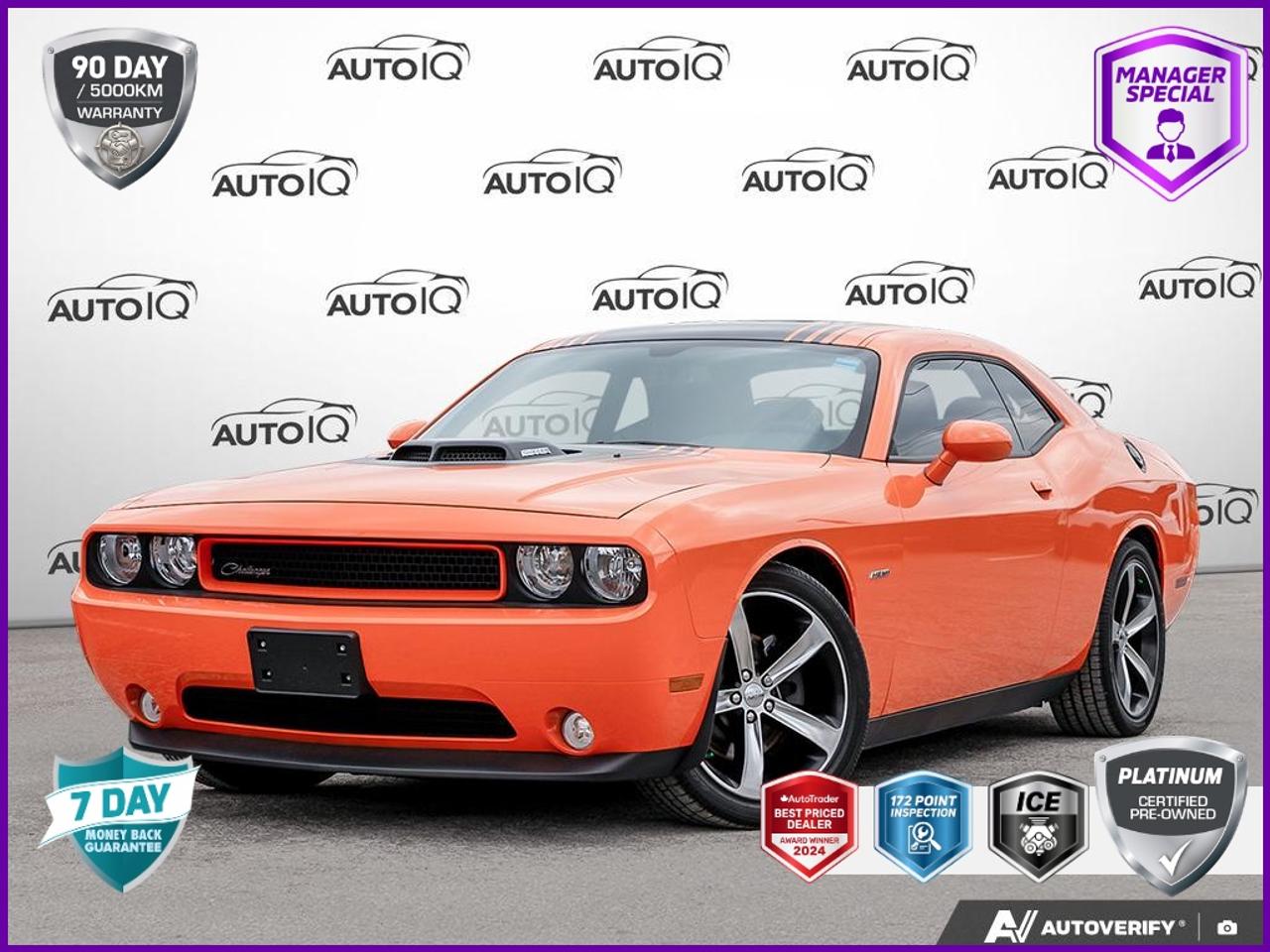 CARFAX Canada No Reported Accidents<br><br>20 x 8.0 Aluminum Chrome Clad Wheels, 368 Watt Amplifier, 4-Wheel Disc Brakes, 6.5 Touch Screen Display, ABS brakes, Air Conditioning, Anti-whiplash front head restraints, Audio Jack Input for Mobile Devices, Automatic temperature control, Delay-off headlights, Dual front impact airbags, Dual front side impact airbags, Electronics Convenience Group, Four wheel independent suspension, Front Bucket Seats, Front fog lights, Front reading lights, Fully automatic headlights, GPS Navigation, Hard Drive (XRE), Illuminated entry, Integrated Voice Command w/Bluetooth, Leather Shift Knob, Leather Trimmed Bucket Seats, Panic alarm, Power door mirrors, Power driver seat, Power Heated Fold-Away Mirrors, Power steering, Power Sunroof, Power windows, Radio: Media Centre 730N w/NAV/Touch Screen, Rear window defroster, Remote keyless entry, Security Alarm, SIRIUSXM Satellite Radio, Sound Group II, Speed-sensing steering, Split folding rear seat, Spoiler, Temperature & Compass Gauge, Tire Pressure Monitoring Display, Traction control, Universal Garage Door Opener, Variably intermittent wipers.<br><br>Header Orange Clearcoat<br>2014 Dodge Challenger R/T NAVIGATION SYSTEM | CONVENIENCE PACKAGE | A/C | POWER WINDOWS | KEYLESS ENTRY | LOW KMS | POWER SUNROOF<br>NAVIGATION SYSTEM | CONVENIENCE PACKAGE | A/C | POWER WINDOWS | KEYLESS ENTRY | LOW KMS | POWER SUNROOF 2D Coupe<br>HEMI 5.7L V8 Multi Displacement VVT 5-Speed Automatic<br>RWD<p> </p>

<h4>MANAGER SPECIAL PLATINUM CERTIFIED PRE-OWNED VEHICLE</h4>

<p>
- 36-point Provincial Safety Inspection<br>
- 172-point inspection combined mechanical, aesthetic, functional inspection including a vehicle report card<br>
- Warranty: 90-days or 5,000 KM on inspected mechanical items, factory extended options eligible for warranty up to 200,000 KM<br>
- Complimentary CARFAX Vehicle History Report<br>
- 3X Provincial safety standard for tire tread depth<br>
- 3X Provincial safety standard for brake pad thickness<br>
- 7 Day Money Back Guarantee*<br>
- Market Value Report provided<br>
- Guaranteed 2 keys/key fobs and door code (if equipped)<br>
- Equipped vehicles include a complimentary 3 month Sirius satellite radio subscription!<br>
- Complimentary full interior detailing and carpet shampoo<br>
- Paintless dent repair and/or touch-ups for applicable body panels<br>
- Vehicle scanned for open recall notifications from manufacturer
</p>

<p>SPECIAL NOTE: This vehicle is reserved for AutoIQs retail customers only. Please, no dealer calls. Errors & omissions excepted.</p>

<p>*As-traded, specialty or high-performance vehicles are excluded from the 7-Day Money Back Guarantee Program (including, but not limited to Ford Shelby, Ford mustang GT, Ford Raptor, Chevrolet Corvette, Camaro 2SS, Camaro ZL1, V-Series Cadillac, Dodge/Jeep SRT, Hyundai N Line, all electric models)</p>