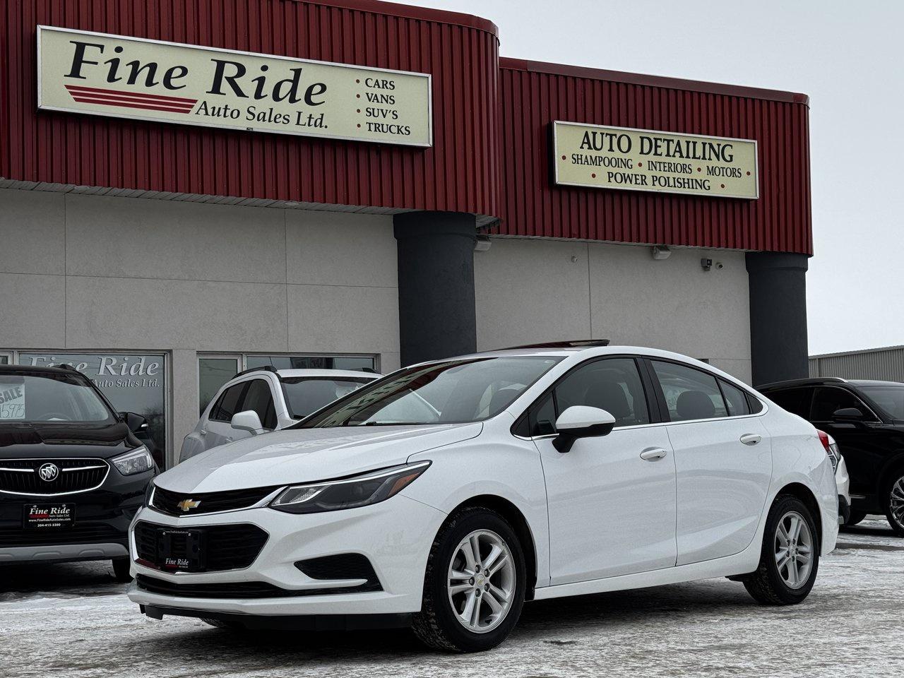 <p>2017 Chevrolet Cruze LT Sedan</p><p>1.4LTR 4cyl turbo<br>ONLY 151,000kms!<br>A/C<br>Telescopic tilt steering<br>Cruise<br>Power windows<br>Power locks<br>Power mirrors<br>Power seat (drivers)<br>Heated seats<br>5 passengers<br>AM/FM radio<br>MY LINK  /  Bluetooth<br>Factory remote starter<br>Back up camera<br>Alloy wheels<br>Sunroof<br>Original Manitoba car!<br>Economical transportation!</p><p>$12,975 Safetied<br>Financing and Warranty Available at Fine Ride Auto Sales Ltd<br>www.FineRideAutoSales.ca</p><p>Call: 204-415-3300 or 1-855-854-3300<br>Text: 204-226-1790<br>View in person at: Unit 3-3000 Main Street</p><p>DLR# 4614<br>**Plus applicable taxes**</p><p></p><p><span style=color:#000000;><span style=font-family:book antiqua, palatino, serif;font-size:14pt;>Monday                9am to 6pm</span></span><br><span style=color:#000000;><span style=font-family:book antiqua, palatino, serif;font-size:14pt;>Tuesday               9am to 6pm</span></span><br><span style=color:#000000;><span style=font-family:book antiqua, palatino, serif;font-size:14pt;>Wednesday               9am to 6pm</span></span><br><span style=color:#000000;><span style=font-family:book antiqua, palatino, serif;font-size:14pt;>Thursday                9am to 6pm</span></span><br><span style=color:#000000;><span style=font-family:book antiqua, palatino, serif;font-size:14pt;>Friday                9am to 5pm</span></span><br><span style=color:#000000;><span style=font-family:book antiqua, palatino, serif;font-size:14pt;>Saturday                             10am to 2pm</span></span><br><span style=color:#000000;><span style=font-family:book antiqua, palatino, serif;font-size:14pt;>Sunday                    CLOSED</span></span></p>