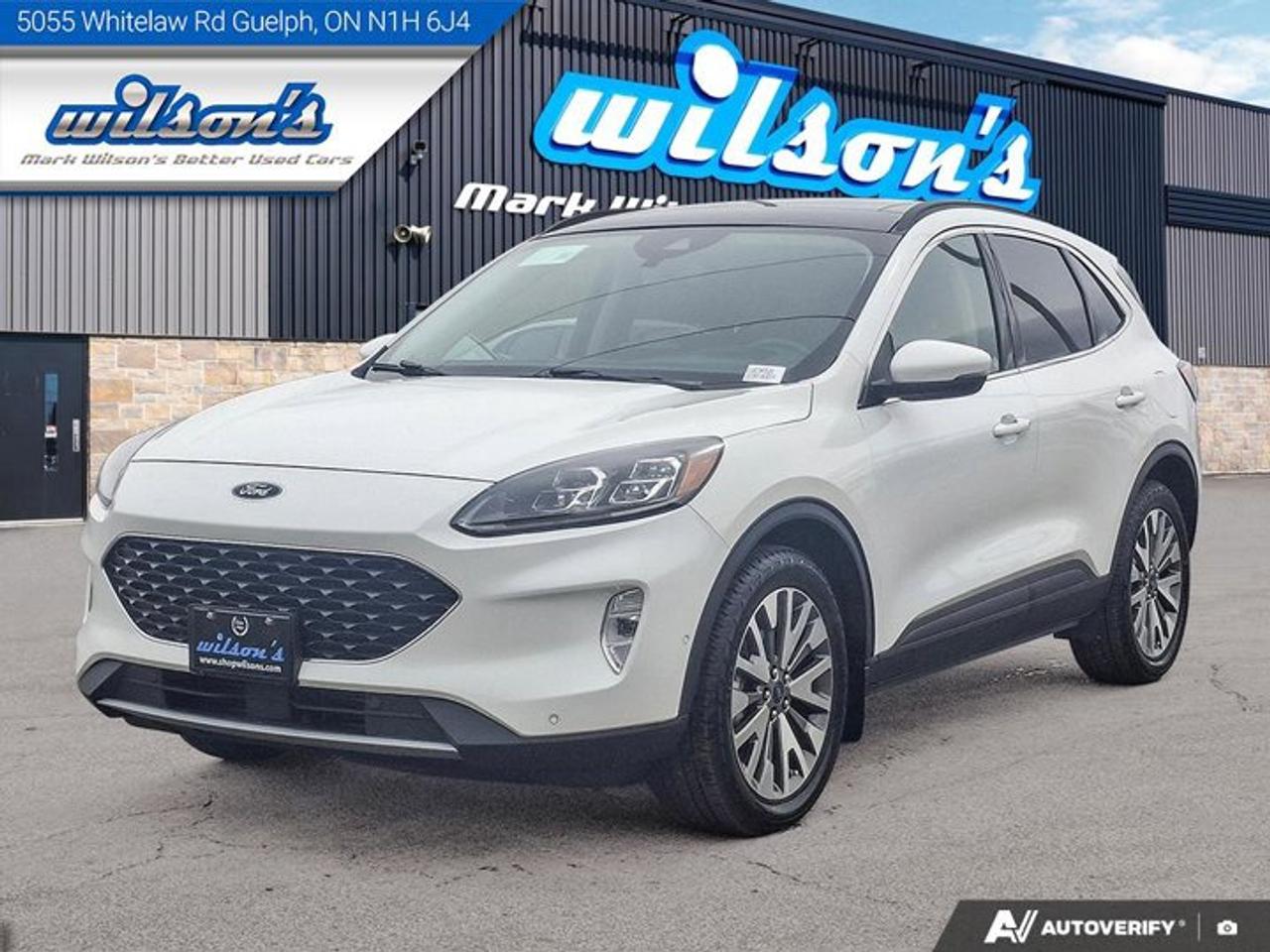 Check out this certified 2020 Ford Escape Titanium AWD | Leather | Sunroof | Tow Pkg | Nav | Heated Seats | Power Seat | CarPlay & More !. Its Automatic transmission and 2.0 L engine will keep you going. This Ford Escape has the following options: Tow Package, Sunroof, Reverse Camera, Navigation System, Leather, Air Conditioning, Heated Seats, Tilt Steering Wheel, Steering Radio Controls, and Power Windows. Stop by and visit us at Mark Wilsons Better Used Cars, 5055 Whitelaw Road, Guelph, ON N1H 6J4.MASSIVE SELECTION: 500+ vehicles in ONE LOCATION, all Live Market Priced for the best value!STRAIGHTFORWARD & TRANSPARENT PRICING: Our Advertised Price INCLUDES:Safety Certification! (No separate certification fee upcharge).FREE Carfax History Report!NO upcharge for paying cash!CONFIDENCE & PEACE OF MIND: 30-Day/3,000 km Warranty INCLUDED! Plus a 5-Day Exchange Privilege!*EASY FINANCING: Better-than-bank rates, $0 Down, and 3 Months No Payments available OAC. BAD CREDIT APPROVED HERE!WE BUY CARS: Get Top Dollar for your trade, or sell us your vehicle for CASH even if you dont buy ours!www.shopwilsons.comAn Honest, Transparent Buying Experience. Trusted in business since 1961!(Cash Prices Exclude HST and Licensing Fees only.)