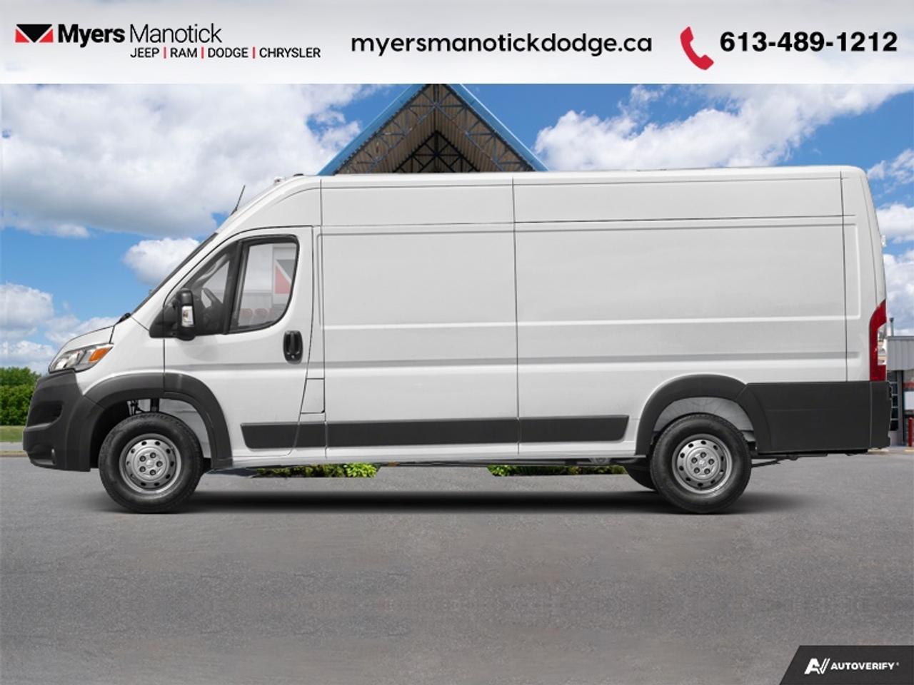 <b>Cargo Partition with Sliding Window, Safety Group!</b><br> <br> <br> <br>Call 613-489-1212 to speak to our friendly sales staff today, or come by the dealership!<br> <br>This Ram ProMaster Cargo Van offers a space-efficient design, a user-friendly interior, and is the ultimate commercial-friendly vehicle. <br> <br>This Ram ProMaster is a purpose-built, full-size van, designed to deliver maximum utility and functionality. With an upfitter-friendly design that includes nearly vertical side walls and uninterrupted floor space, this ProMaster delivers maximum storage, functionality, and simple configurability. Class-exclusive front-wheel drive gives this van enhanced traction in all seasons while providing increased cargo capacity.<br> <br>This Bright White van has an Automatic transmission. This vehicle has been upgraded with the following features: Cargo Partition with Sliding Window, Safety Group.<br><br> View the original window sticker for this vehicle with this url <b><a href=http://www.chrysler.com/hostd/windowsticker/getWindowStickerPdf.do?vin=3C6MRVJG2TE164336 target=_blank>http://www.chrysler.com/hostd/windowsticker/getWindowStickerPdf.do?vin=3C6MRVJG2TE164336</a></b>.<br> <br>To apply right now for financing use this link: <a href=https://CreditOnline.dealertrack.ca/Web/Default.aspx?Token=3206df1a-492e-4453-9f18-918b5245c510&Lang=en target=_blank>https://CreditOnline.dealertrack.ca/Web/Default.aspx?Token=3206df1a-492e-4453-9f18-918b5245c510&Lang=en</a><br><br> <br/>   <br> Buy this vehicle now for the lowest weekly payment of <b>$215.85</b> with $0 down for 96 months @ 4.99% APR O.A.C. ( Plus applicable taxes -  $1199  fees included in price **Rebates may not be applicable on all purchase types [cash, lease, or finance]. Eligibility and conditions may vary. Please see dealer for full details and confirmation of eligibility.    ).  Incentives expire 2026-03-31.  See dealer for details. <br> <br>If youre looking for a Dodge, Ram, Jeep, and Chrysler dealership in Ottawa that always goes above and beyond for you, visit Myers Manotick Dodge today! Were more than just great cars. We provide the kind of world-class Dodge service experience near Kanata that will make you a Myers customer for life. And with fabulous perks like extended service hours, our 30-day tire price guarantee, the Myers No Charge Engine/Transmission for Life program, and complimentary shuttle service, its no wonder were a top choice for drivers everywhere. Get more with Myers!<br> Come by and check out our fleet of 30+ used cars and trucks and 60+ new cars and trucks for sale in Manotick.  o~o