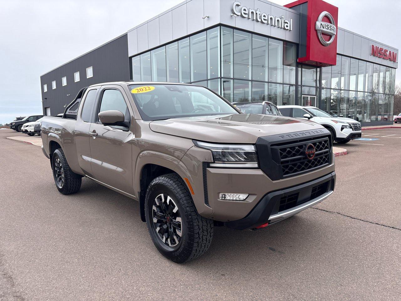 <span>This 2022 Nissan Frontier PRO-4X is an extended King Cab stuffed with off-road gear and a truly well equipped interior.&nbsp;</span>




<span>Under the hood, the 2022 Frontier supplies best-in-class horsepower (310) and 281 lb-ft of torque. The Frontier PRO-4X crew cab is rated to tow 6,390 pounds with payload capacity of 1,360 pounds. The PRO-4Xs extras include Bilstein shocks, 17-inch machined alloys, steel and aluminum skid plates, a locking rear differential, and a spray-in bedliner, plus unique touches with Lava Red tow hooks, LED lighting, and bed lighting under the Utili-Track channel system.&nbsp;</span>




<span>Inside, the 2022 Frontier PRO-4Xs list of features include a 9-inch centre screen with Apple CarPlay/Android Auto, door-to-door navigation, and an Around View Monitor with off-road mode. Theres wireless charging, a power drivers seat, sliding rear window, dual-zone automatic climate control, heated seats and steering wheel, integrated remote start, and proximity access/pushbutton start. Theres so much technology, as well: adaptive cruise control, blind spot monitoring, rear cross traffic alert, rear sonar, rear automatic braking, intelligent emergency braking with pedestrian detection, forward collision warning, lane departure warning, and intelligent driver alertness.</span>




<span style=font-weight: 400;>Thank you for your interest in this vehicle. Its located at Centennial Nissan, 264 Pope Road, Summerside, PEI. We look forward to hearing from you; call us toll-free at 1-902-436-9159.</span>