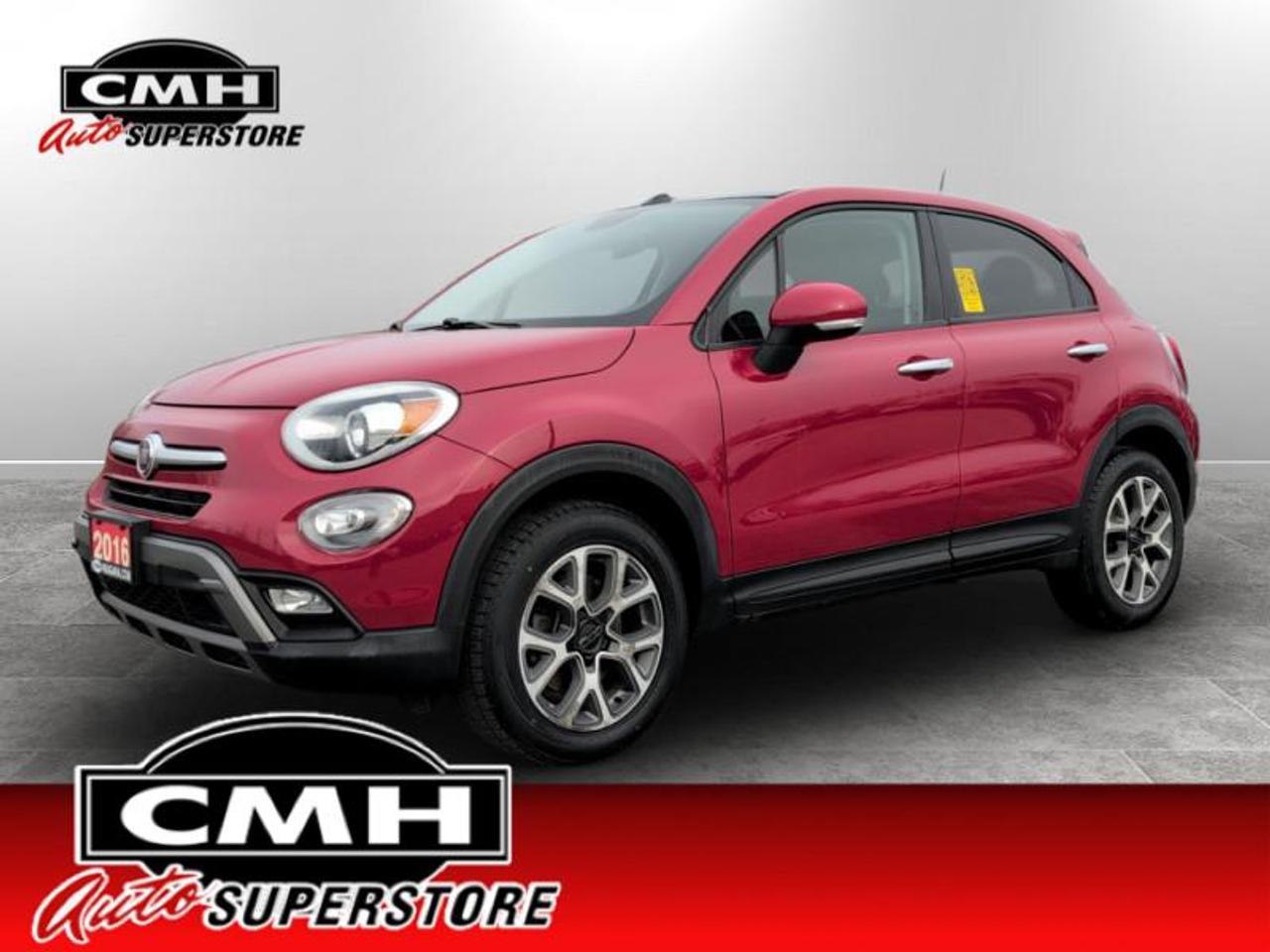 <b>ONLY 96,000 KMS !! NO ACCIDENTS !! AWD !! DRIVER ASSIST + CONVENIENCE GROUP !! REAR CAMERA W/PARK SENSORS, BLIND SPOT, BLUETOOTH, PANORAMIC SUNROOF, LEATHER/MESH, POWER SEAT, HEATED SEATS, HEATED STEERING WHEEL, DUAL CLIMATE, REMOTE START, 17-IN ALLOYS</b><br>  <br>CMH certifies that all vehicles meet DOUBLE the Ministry standards for Brakes and Tires. The advertised price is the promotional financing price. For all other methods of payment, the selling price is $500 higher.<br><br> <br>This 2016 FIAT 500X is for sale today. <br> <br>The 2016 Fiat 500X is the mini crossover with the ride height, space, and capability of an SUV that manages to retain the efficiency and driveability of a compact car. The 2016 Fiat 500X is much easier to live with due to the size difference from its little brother the 500. A spacious cabin is what makes this Fiat an appealing model due to the capability of sitting 5 adults comfortably. A fuel economy that is very much respectable and a clearly Italian design make this Fiat very desirable. This wagon has 95,172 km. Its Rosso Passione (red Hypnotique) in colour and is completely accident free based on the <a href=https://vhr.carfax.ca/?id=2lONaOlbeP/UIjdz0/P5lBF1OptQrA2z target=_blank>CARFAX Report</a>. It has an Automatic transmission and is powered by a 2.4L 4 Cylinder Engine. <br> <br> Our 500Xs trim level is Trekking. While it may seem like a timid little compact SUV, the 2016 Fiat 500X Trekking is quite adventurous in nature allowing you to take the family on an off-road trek anytime. Packed with multiple features such as premium 6 way adjustable front bucket seats, proximity key and push to start button, fog lights and cornering lights, leather steering wheel with audio and cruise controls, trunk/hatch/tailgate FOB controls, perimeter alarm, air conditioning, power windows and power heated mirrors, air filtration, 6 speaker sound system with Uconnect paired to an LCD screen much more.<br> To view the original window sticker for this vehicle view this <a href=http://www.chrysler.com/hostd/windowsticker/getWindowStickerPdf.do?vin=ZFBCFYCT0GP338520 target=_blank>http://www.chrysler.com/hostd/windowsticker/getWindowStickerPdf.do?vin=ZFBCFYCT0GP338520</a>. <br/><br> <br>To apply right now for financing use this link: <a href=https://www.cmhniagara.com/financing/ target=_blank>https://www.cmhniagara.com/financing/</a><br><br> <br/><br>**PLEASE NOTE:** The functionality and condition of any accessories and aftermarket parts are not guaranteed by CMH Auto Superstore. Examples of such items include, but are not limited to: tonneau covers, radios, cameras, remote starts, vent visors, roof racks, winches, light bars, headlights/tail lights, center caps, running boards, etc. If an aftermarket part is safety-related and found to be defective, it will be replaced by a factory option.<br><b>**CMH Auto Superstore reserves the right to choose to repair, modify, or replace all aftermarket parts (example  headlights) or accessories at its sole discretion.**</b><br><br>Trade-ins are welcome! Financing available OAC ! Price INCLUDES a valid safety certificate! Price INCLUDES a 60-day limited warranty on all vehicles except classic or vintage cars. CMH is a Full Disclosure dealer with no hidden fees. We are a family-owned and operated business for over 30 years! o~o