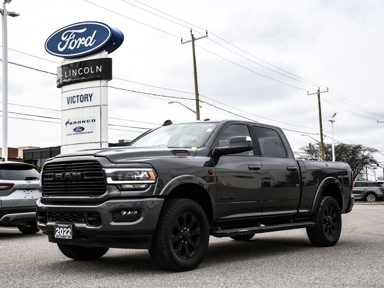 <h2>NOW AVAILABLE AT VICTORY FORD LINCOLN</h2><h1>2022 Ram 2500 Laramie</h1><h3>6.7L Cummins Turbo Diesel  Night Edition  Laramie Level B Group  Rear Auto-Leveling Air Suspension</h3><p>This 2022 Ram 2500 Laramie delivers exceptional heavy-duty capability paired with premium comfort and bold styling. Powered by the legendary 6.7L Cummins Turbo Diesel engine and equipped with the Night Edition and Laramie Level B Group, this truck offers serious towing power along with luxury interior features and advanced technology.</p><h3>POWER & PERFORMANCE</h3><ul><li><p>6.7L Cummins Turbo Diesel Engine</p></li><li><p>Heavy-Duty Automatic Transmission</p></li><li><p>Rear Auto-Leveling Air Suspension</p></li><li><p>Integrated Trailer Brake Control</p></li><li><p>Exceptional Towing & Hauling Capability</p></li><li><p>Heavy-Duty Frame & Suspension</p></li></ul><h3>NIGHT EDITION</h3><ul><li><p>Black Exterior Badging</p></li><li><p>Black Grille Surround</p></li><li><p>Black Wheels</p></li><li><p>Body-Colour Bumpers</p></li><li><p>Sport Performance Styling</p></li></ul><h3>LARAMIE LEVEL B GROUP</h3><ul><li><p>12" Touchscreen with Uconnect®</p></li><li><p>Premium Navigation System</p></li><li><p>Harman Kardon® Premium Sound System</p></li><li><p>Blind Spot Monitoring with Rear Cross Path Detection</p></li><li><p>Front & Rear Parking Sensors</p></li><li><p>Surround View Camera System</p></li></ul><h3>INTERIOR & COMFORT</h3><ul><li><p>Leather-Faced Front Vented Bucket Seats</p></li><li><p>Heated Front & Rear Seats</p></li><li><p>Heated Steering Wheel</p></li><li><p>Power Adjustable Front Seats</p></li><li><p>Dual-Zone Automatic Climate Control</p></li><li><p>Premium Interior Finishes</p></li></ul><h3>TECHNOLOGY</h3><ul><li><p>Large Touchscreen Uconnect® Infotainment System</p></li><li><p>Apple CarPlay® & Android Auto</p></li><li><p>Navigation System</p></li><li><p>Remote Start System</p></li><li><p>Push Button Start</p></li><li><p>Multiple USB Charging Ports</p></li></ul><h3>SAFETY & DRIVER ASSISTANCE</h3><ul><li><p>Blind Spot Monitoring</p></li><li><p>Rear Cross Path Detection</p></li><li><p>Adaptive Cruise Control</p></li><li><p>Forward Collision Warning</p></li><li><p>Rear View Camera</p></li><li><p>Front & Rear Parking Sensors</p></li></ul><h3>HIGHLIGHTS</h3><ul><li><p>6.7L Cummins Diesel Power</p></li><li><p>Night Edition Styling</p></li><li><p>Laramie Level B Equipment Group</p></li><li><p>Rear Auto-Leveling Air Suspension</p></li><li><p>Luxury Interior with Vented Leather Seats</p></li><li><p>Serious Heavy-Duty Capability</p></li></ul><h3>Special Offer:</h3><p><strong>Peace of Mind Included:</strong> 3-Month Comprehensive Warranty (for vehicles under 10 years old & under 160,000 km)  No-Haggle, Live Market Pricing  Transparent & Competitive  All-Inclusive Pricing: Fees, Reconditioning, and Full Detailing Included (Taxes & Licensing Extra)</p><h4>Additional Details:</h4><p><strong>Keys:</strong> Standard with one key. Additional keys (if provided by the previous owner) included at no cost. Optional key purchases available upon request.</p><p><strong>Visit Victory Ford Lincoln Today</strong> Schedule your appointment to experience the power, capability, and luxury of this 2022 Ram 2500 Laramie.</p>