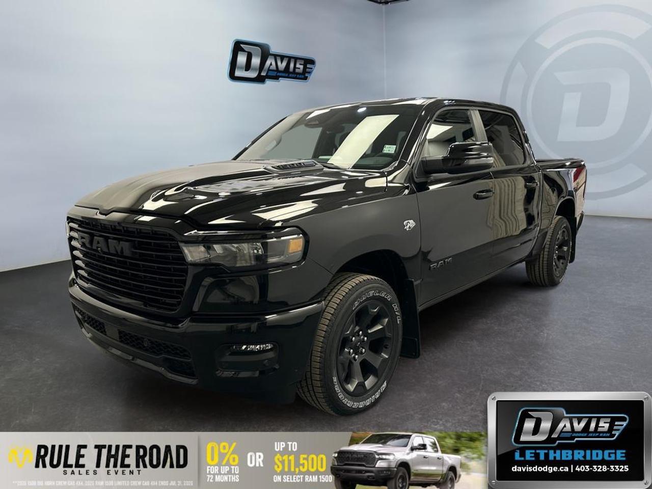 <b>Navigation, Apple CarPlay, Android Auto, 360 Camera, Heated Seats!</b><br /> <br /> Experience the perfect balance of power and luxury in the 2026 Ram 1500, built to handle every job with style.<br /> <br />The Ram 1500's unmatched luxury transcends traditional pickups without compromising its capability. Loaded with best-in-class features, it's easy to see why the Ram 1500 is so popular. With the most towing and hauling capability in a Ram 1500, as well as improved efficiency and exceptional capability, this truck has the grit to take on any task.<br /> <br />This Diamond Black Crystal Pearl Crew Cab 4X4 pickup has an Automatic transmission and is powered by a 395HP 5.7L 8 Cylinder Engine. <br /> <br /> Our 1500's trim level is Sport. This Ram 1500 in Sport trim rewards you with front heated seats, a leather-wrapped heated steering wheel, a 360 camera system, a 10-speaker Alpine audio, and a 12-inch infotainment screen with inbuilt navigation, Apple CarPlay and Android Auto, and 4G LTE Wi-Fi hotspot. Additional features include class IV towing equipment, aluminum wheels, power adjustable pedals, intersection collision assist, evasion assist, lane keep assist with lane departure warning, and even more! This vehicle has been upgraded with the following features: Navigation, Apple CarPlay, Android Auto, 360 Camera, Heated Seats, Heated Steering Wheel, Aluminum Wheels.<br /><br /> <br />To apply right now for financing use this link: <a href=https://lethbridge.davisdodge.ca/free-credit-check/ target=_blank rel=nofollow noopener noreferrer>https://lethbridge.davisdodge.ca/free-credit-check/</a><br /> <br /><br />As a premier Chrysler, Dodge, Jeep and RAM dealership, Davis Dodge proudly offers an extensive selection of new and used vehicles to meet every drivers needs. Customers across Lethbridge, Fort Macleod, Taber, Claresholm, Coaldale, and beyond trust us for daily vehicle specials, certified service and parts, and a seamless online inventory experience. <br /><br /> With competitive financing options and expert support, we make car buying easy and enjoyable. <br /><br /> Ready to hit the road? Schedule your test drive today at Davis Dodge, your trusted Chrysler, Dodge, Jeep and RAM dealer in Lethbridge, Alberta.<br /><br /> Vehicle pricing offer shown expires 2026-07-31. <br /> Come by and check out our fleet of 50+ used cars and trucks and 110+ new cars and trucks for sale in Lethbridge. o~o
