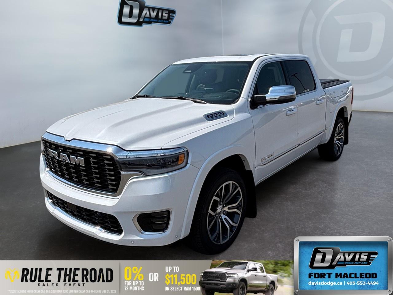 <p>The 2026 Ram 1500 Tungsten, available in a stunning white finish, offers a robust 4x4 drivetrain that promises exceptional handling for all your driving needs.</p><p><strong>Interior Features:</strong></p><ul><li>Luxurious leather seats complemented by a leather steering wheel</li><li>Heated and cooled seats for both front and rear passengers, ensuring comfort in all weather conditions</li><li>Advanced adaptive cruise control and keyless entry for a modern driving experience</li><li>Convenient power seats and power windows for added ease</li><li>Premium interior trim with aluminum/carbon fibre and leather door inserts</li><li>Warmth-enhancing heated steering wheel</li></ul><p><strong>Exterior Features:</strong></p><ul><li>Ivory tri-coat pearl paint giving an elegant touch</li><li>Rugged alloy wheels paired with running boards for enhanced style and functionality</li><li>Steel standard hood and trailer brake control for added utility</li><li>Eco-friendly features such as a 3.0L I6 HO Twin Turbo engine with ESS and an 8-speed automatic transmission</li></ul><p><strong>Technology & Safety Features:</strong></p><ul><li>Cutting-edge heads up display and backup camera for improved safety</li><li>Comprehensive lane assist and brake assist systems</li><li>Integrated smart device and a wide array of features including Bluetooth and Wi-Fi hotspot</li><li>State-of-the-art navigation system and satellite radio for entertainment and ease</li><li>Remote start and parking sensors for ultimate convenience</li></ul><p>This truck is perfect for those seeking luxury, power, and modern technology. Reach out to Davis Dodge Fort Macleod today to learn more about how this exceptional vehicle fits your lifestyle and make it yours today!</p>