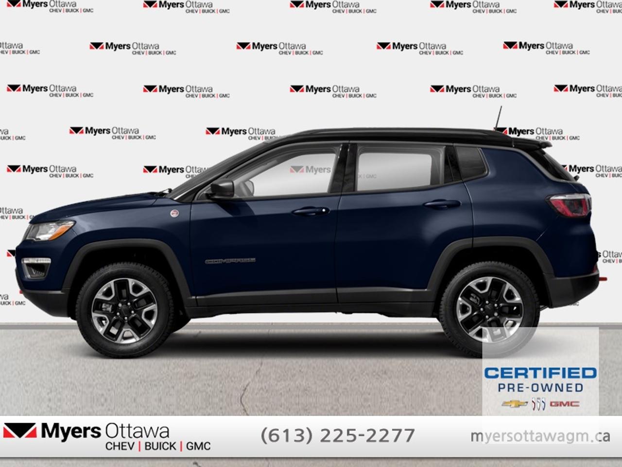 Compare at $23757 - Myers Cadillac is just $23065! <br> <br>JUST IN - ULTRA LOW KM SINGLE OWNER NO ACCIDENTS- 21 COMPASS TRAILHAWK ELITE- SUN AND SOUND PACKAGE- ALPINE SPEAJERS, DUAL PANEL SUNROOF, TRAILER TOW PACKAGE, ADVANCED SAFETY GROUP, HEATED AND COOLED SEATS, REMOTE START, NAV, CARPLAY, LED LIGHTS, CERTIFIED, NO ADMIN FEES <br> <br>To apply right now for financing use this link: <a href=https://creditonline.dealertrack.ca/Web/Default.aspx?Token=b35bf617-8dfe-4a3a-b6ae-b4e858efb71d&Lang=en target=_blank>https://creditonline.dealertrack.ca/Web/Default.aspx?Token=b35bf617-8dfe-4a3a-b6ae-b4e858efb71d&Lang=en</a><br><br> <br/>Certified Pre-Owned Vehicles. Instead of worries our vehicles come with a 150+ point inspection and a 30 day / 2,500kms Vehicle Exchange Privilege. Buy with confidence! <br> <br/><br>All prices include Admin fee and Etching Registration, applicable Taxes and licensing fees are extra.<br>*LIFETIME ENGINE TRANSMISSION WARRANTY NOT AVAILABLE ON VEHICLES WITH KMS EXCEEDING 140,000KM, VEHICLES 8 YEARS & OLDER, OR HIGHLINE BRAND VEHICLE(eg. BMW, INFINITI. CADILLAC, LEXUS...)<br> Come by and check out our fleet of 60+ used cars and trucks and 180+ new cars and trucks for sale in Ottawa.  o~o