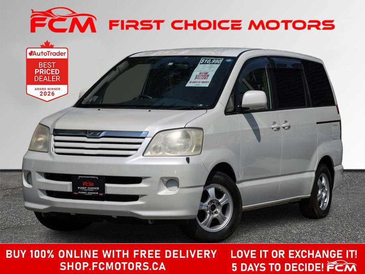Welcome to First Choice Motors, the largest car dealership in Toronto of pre-owned cars, SUVs, and vans priced between $5000-$15,000. With an impressive inventory of over 300 vehicles in stock, we are dedicated to providing our customers with a vast selection of affordable and reliable options.       Were thrilled to offer a used 2003 Toyota Noah, white color with 95,000km (STK#5847) This vehicle was $18990 NOW ON SALE FOR $14990. It is equipped with the following features:   - Automatic Transmission   - Right hand drive / RHD   - Japan import   - Reverse camera   - Alloy wheels   - Power windows   - Power locks   - Power mirrors   - Air Conditioning      At First Choice Motors, we believe in providing quality vehicles that our customers can depend on. All our vehicles come with a 36-day FULL COVERAGE warranty. We also offer additional warranty options up to 5 years for our customers who want extra peace of mind.      Furthermore, all our vehicles are sold fully certified with brand new brakes rotors and pads, a fresh oil change, and brand new set of all-season tires installed & balanced. You can be confident that this car is in excellent condition and ready to hit the road.      At First Choice Motors, we believe that everyone deserves a chance to own a reliable and affordable vehicle. Thats why we offer financing options with low interest rates starting at 7.9% O.A.C. Were proud to approve all customers, including those with bad credit, no credit, students, and even 9 socials. Our finance team is dedicated to finding the best financing option for you and making the car buying process as smooth and stress-free as possible.      Our dealership is open 7 days a week to provide you with the best customer service possible. We carry the largest selection of used vehicles for sale under $9990 in all of Ontario. We stock over 300 cars, mostly Hyundai, Chevrolet, Mazda, Honda, Volkswagen, Toyota, Ford, Dodge, Kia, Mitsubishi, Acura, Lexus, and more. With our ongoing sale, you can find your dream car at a price you can afford. Come visit us today and experience why we are the best choice for your next used car purchase!      All prices exclude a $10 OMVIC fee, license plates & registration  and ONTARIO HST (13%)    *No Credit Card payments can be accepted for Vehicle Purchases*
