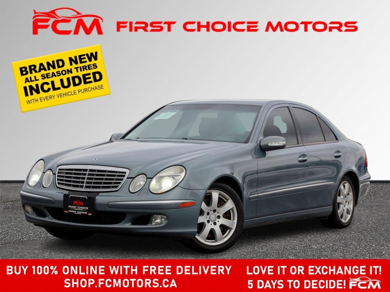 ** ** SPECIAL LIMITED TIME OFFER ** ** PURCHASE ANY VEHICLE THIS WEEK AND RECEIVE 4 BRAND-NEW ALL-SEASON TIRES AT NO ADDITIONAL COST!!! DON   T MISS THIS EXCLUSIVE CHANCE TO UPGRADE YOUR RIDE AND STAY PREPARED FOR ANY WEATHER!!! <br><br>EXCITING NEWS FROM FIRST CHOICE MOTORS! Our brand-new online showroom is now open to the public, bringing the ultimate car shopping experience right to your fingertips! Enjoy a 100% online car shopping experience, with over 500 certified vehicles in stock, comprehensive protection plans, and thousands of new auto parts & accessories available! Plus, for a limited time, were offering FREE deliveries across Ontario on all vehicle purchases! Dont miss out   visit Shop.fcmotors.ca to find and upgrade your perfect vehicle today!<br><br>Welcome to First Choice Motors, the largest car dealership in Toronto of pre-owned cars, SUVs, and vans priced between $5000-$15,000. With an impressive inventory of over 300 vehicles in stock, we are dedicated to providing our customers with a vast selection of affordable and reliable options. <br><br>Were thrilled to offer a used 2004 Mercedes Benz E500 4Matic, blue color with 268,000km (STK#9088) This vehicle was $6990 NOW ON SALE FOR $6490. It is equipped with the following features:<br>- Automatic Transmission<br>- Leather Seats<br>- Sunroof<br>- Heated seats<br>- All wheel drive<br>- Alloy wheels<br>- Power windows<br>- Power locks<br>- Power mirrors<br>- Air Conditioning<br><br>At First Choice Motors, we believe in providing quality vehicles that our customers can depend on. All our vehicles come with a 36-day FULL COVERAGE warranty. We also offer additional warranty options up to 5 years for our customers who want extra peace of mind.<br><br>Furthermore, all our vehicles are sold fully certified with brand new brakes rotors and pads, a fresh oil change, and brand new set of all-season tires installed & balanced. You can be confident that this car is in excellent condition and ready to hit the road.<br><br>At First Choice Motors, we believe that everyone deserves a chance to own a reliable and affordable vehicle. Thats why we offer financing options with low interest rates starting at 7.9% O.A.C. Were proud to approve all customers, including those with bad credit, no credit, students, and even 9 socials. Our finance team is dedicated to finding the best financing option for you and making the car buying process as smooth and stress-free as possible.<br><br>Our dealership is open 7 days a week to provide you with the best customer service possible. We carry the largest selection of used vehicles for sale under $9990 in all of Ontario. We stock over 300 cars, mostly Hyundai, Chevrolet, Mazda, Honda, Volkswagen, Toyota, Ford, Dodge, Kia, Mitsubishi, Acura, Lexus, and more. With our ongoing sale, you can find your dream car at a price you can afford. Come visit us today and experience why we are the best choice for your next used car purchase!<br><br>All prices exclude a $10 OMVIC fee, license plates & registration  and ONTARIO HST (13%)