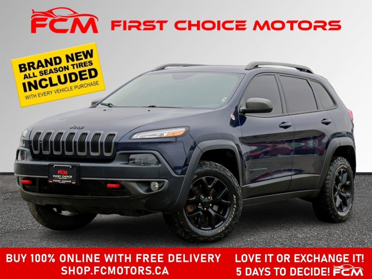 ** ** SPECIAL LIMITED TIME OFFER ** ** PURCHASE ANY VEHICLE THIS WEEK AND RECEIVE 4 BRAND-NEW ALL-SEASON TIRES AT NO ADDITIONAL COST!!! DON   T MISS THIS EXCLUSIVE CHANCE TO UPGRADE YOUR RIDE AND STAY PREPARED FOR ANY WEATHER!!! <br><br>EXCITING NEWS FROM FIRST CHOICE MOTORS! Our brand-new online showroom is now open to the public, bringing the ultimate car shopping experience right to your fingertips! Enjoy a 100% online car shopping experience, with over 500 certified vehicles in stock, comprehensive protection plans, and thousands of new auto parts & accessories available! Plus, for a limited time, were offering FREE deliveries across Ontario on all vehicle purchases! Dont miss out   visit Shop.fcmotors.ca to find and upgrade your perfect vehicle today!<br><br>Welcome to First Choice Motors, the largest car dealership in Toronto of pre-owned cars, SUVs, and vans priced between $5000-$15,000. With an impressive inventory of over 300 vehicles in stock, we are dedicated to providing our customers with a vast selection of affordable and reliable options. <br><br>Were thrilled to offer a used 2016 Jeep Cherokee TRAILHAWK, dark blue color with 190,000km (STK#9225) This vehicle was $12990 NOW ON SALE FOR $10990. It is equipped with the following features:<br>- Automatic Transmission<br>- Leather Seats<br>- Heated seats<br>- Navigation<br>- 4x4<br>- Bluetooth<br>- Reverse camera<br>- Alloy wheels<br>- Power windows<br>- Power locks<br>- Power mirrors<br>- Air Conditioning<br><br>At First Choice Motors, we believe in providing quality vehicles that our customers can depend on. All our vehicles come with a 36-day FULL COVERAGE warranty. We also offer additional warranty options up to 5 years for our customers who want extra peace of mind.<br><br>Furthermore, all our vehicles are sold fully certified with brand new brakes rotors and pads, a fresh oil change, and brand new set of all-season tires installed & balanced. You can be confident that this car is in excellent condition and ready to hit the road.<br><br>At First Choice Motors, we believe that everyone deserves a chance to own a reliable and affordable vehicle. Thats why we offer financing options with low interest rates starting at 7.9% O.A.C. Were proud to approve all customers, including those with bad credit, no credit, students, and even 9 socials. Our finance team is dedicated to finding the best financing option for you and making the car buying process as smooth and stress-free as possible.<br><br>Our dealership is open 7 days a week to provide you with the best customer service possible. We carry the largest selection of used vehicles for sale under $9990 in all of Ontario. We stock over 300 cars, mostly Hyundai, Chevrolet, Mazda, Honda, Volkswagen, Toyota, Ford, Dodge, Kia, Mitsubishi, Acura, Lexus, and more. With our ongoing sale, you can find your dream car at a price you can afford. Come visit us today and experience why we are the best choice for your next used car purchase!<br><br>All prices exclude a $22 OMVIC fee, license plates & registration and ONTARIO HST (13%)<br>*No Credit Card payments can be accepted for Vehicle Purchases*