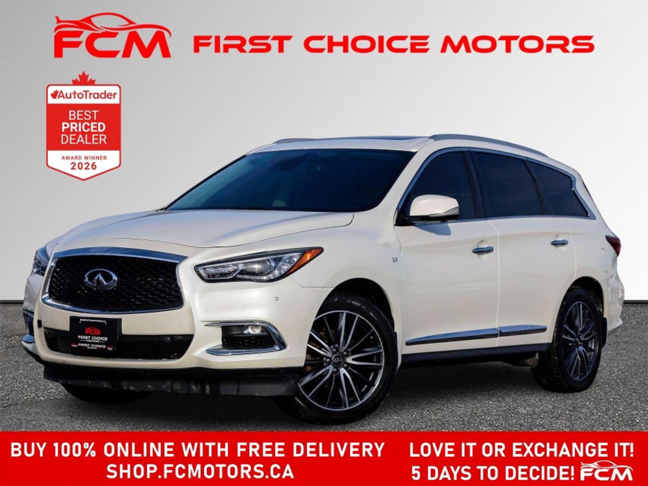** ** SPECIAL LIMITED TIME OFFER ** ** PURCHASE ANY VEHICLE THIS WEEK AND RECEIVE 4 BRAND-NEW ALL-SEASON TIRES AT NO ADDITIONAL COST!!! DON   T MISS THIS EXCLUSIVE CHANCE TO UPGRADE YOUR RIDE AND STAY PREPARED FOR ANY WEATHER!!! <br><br>EXCITING NEWS FROM FIRST CHOICE MOTORS! Our brand-new online showroom is now open to the public, bringing the ultimate car shopping experience right to your fingertips! Enjoy a 100% online car shopping experience, with over 500 certified vehicles in stock, comprehensive protection plans, and thousands of new auto parts & accessories available! Plus, for a limited time, were offering FREE deliveries across Ontario on all vehicle purchases! Dont miss out   visit Shop.fcmotors.ca to find and upgrade your perfect vehicle today!<br><br>Welcome to First Choice Motors, the largest car dealership in Toronto of pre-owned cars, SUVs, and vans priced between $5000-$15,000. With an impressive inventory of over 300 vehicles in stock, we are dedicated to providing our customers with a vast selection of affordable and reliable options. <br><br>Were thrilled to offer a used 2018 Infiniti QX60, white color with 194,000km (STK#8679) This vehicle was $13990 NOW ON SALE FOR $12990. It is equipped with the following features:<br>- Automatic Transmission<br>- Leather Seats<br>- Sunroof<br>- Heated seats<br>- Navigation<br>- All wheel drive<br>- Bluetooth<br>- Reverse camera<br>- Alloy wheels<br>- Power windows<br>- Power locks<br>- Power mirrors<br>- Air Conditioning<br><br>At First Choice Motors, we believe in providing quality vehicles that our customers can depend on. All our vehicles come with a 36-day guarantee on all safety related items. We also offer additional warranty options up to 5 years for our customers who want extra peace of mind.<br><br>Furthermore, all our vehicles are sold fully certified with brand new brakes rotors and pads, a fresh oil change, and brand new set of all-season tires installed & balanced. You can be confident that this car is in excellent condition and ready to hit the road.<br><br>At First Choice Motors, we believe that everyone deserves a chance to own a reliable and affordable vehicle. Thats why we offer financing options with low interest rates starting at 7.9% O.A.C. Were proud to approve all customers, including those with bad credit, no credit, students, and even 9 socials. Our finance team is dedicated to finding the best financing option for you and making the car buying process as smooth and stress-free as possible.<br><br>Our dealership is open 7 days a week to provide you with the best customer service possible. We carry the largest selection of used vehicles for sale under $9990 in all of Ontario. We stock over 300 cars, mostly Hyundai, Chevrolet, Mazda, Honda, Volkswagen, Toyota, Ford, Dodge, Kia, Mitsubishi, Acura, Lexus, and more. With our ongoing sale, you can find your dream car at a price you can afford. Come visit us today and experience why we are the best choice for your next used car purchase!<br><br>All prices include $22.00 OMVIC Fee.  Excludes, license plates, ownership registration and ONTARIO HST (13%)<br>*No Credit Card payments can be accepted for Vehicle Purchases*