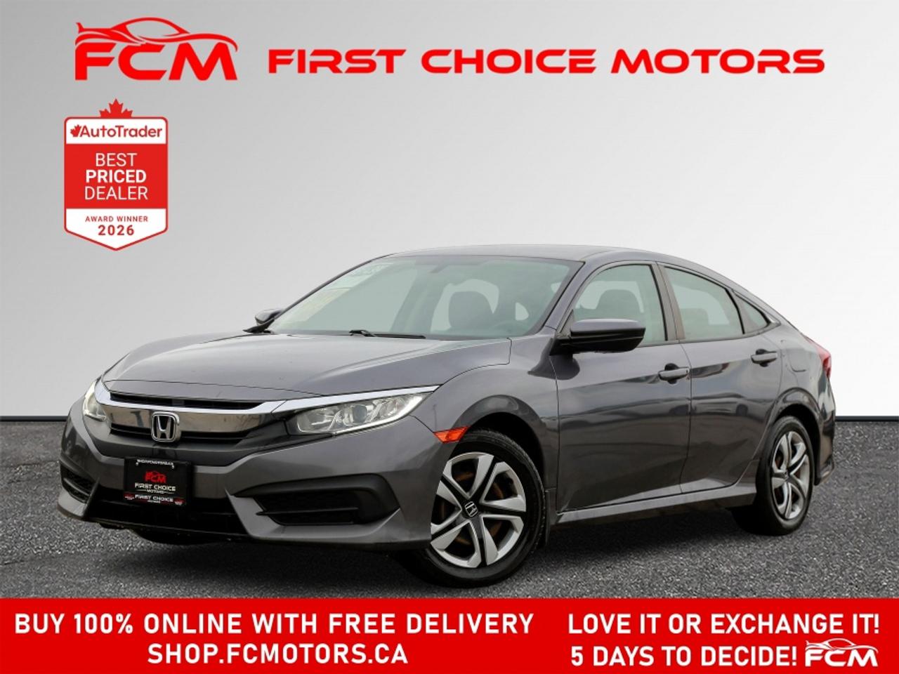 ** ** SPECIAL LIMITED TIME OFFER ** ** PURCHASE ANY VEHICLE THIS WEEK AND RECEIVE 4 BRAND-NEW ALL-SEASON TIRES AT NO ADDITIONAL COST!!! DON   T MISS THIS EXCLUSIVE CHANCE TO UPGRADE YOUR RIDE AND STAY PREPARED FOR ANY WEATHER!!! <br><br>EXCITING NEWS FROM FIRST CHOICE MOTORS! Our brand-new online showroom is now open to the public, bringing the ultimate car shopping experience right to your fingertips! Enjoy a 100% online car shopping experience, with over 500 certified vehicles in stock, comprehensive protection plans, and thousands of new auto parts & accessories available! Plus, for a limited time, were offering FREE deliveries across Ontario on all vehicle purchases! Dont miss out   visit Shop.fcmotors.ca to find and upgrade your perfect vehicle today!<br><br>Welcome to First Choice Motors, the largest car dealership in Toronto of pre-owned cars, SUVs, and vans priced between $5000-$15,000. With an impressive inventory of over 300 vehicles in stock, we are dedicated to providing our customers with a vast selection of affordable and reliable options. <br><br>Were thrilled to offer a used 2018 Honda Civic LX, grey color with 207,000km (STK#9608) This vehicle was $13990 NOW ON SALE FOR $11990. It is equipped with the following features:<br>- Automatic Transmission<br>- Heated seats<br>- Bluetooth<br>- Apple CarPlay<br>- Reverse camera<br>- Power windows<br>- Power locks<br>- Power mirrors<br>- Air Conditioning<br><br>At First Choice Motors, we believe in providing quality vehicles that our customers can depend on. All our vehicles come with a 36-day guarantee on all safety related items. We also offer additional warranty options up to 5 years for our customers who want extra peace of mind.<br><br>Furthermore, all our vehicles are sold fully certified with brand new brakes rotors and pads, a fresh oil change, and brand new set of all-season tires installed & balanced. You can be confident that this car is in excellent condition and ready to hit the road.<br><br>At First Choice Motors, we believe that everyone deserves a chance to own a reliable and affordable vehicle. Thats why we offer financing options with low interest rates starting at 7.9% O.A.C. Were proud to approve all customers, including those with bad credit, no credit, students, and even 9 socials. Our finance team is dedicated to finding the best financing option for you and making the car buying process as smooth and stress-free as possible.<br><br>Our dealership is open 7 days a week to provide you with the best customer service possible. We carry the largest selection of used vehicles for sale under $9990 in all of Ontario. We stock over 300 cars, mostly Hyundai, Chevrolet, Mazda, Honda, Volkswagen, Toyota, Ford, Dodge, Kia, Mitsubishi, Acura, Lexus, and more. With our ongoing sale, you can find your dream car at a price you can afford. Come visit us today and experience why we are the best choice for your next used car purchase!<br><br>All prices include $22.00 OMVIC Fee.  Excludes, license plates, ownership registration and ONTARIO HST (13%)<br>*No Credit Card payments can be accepted for Vehicle Purchases*