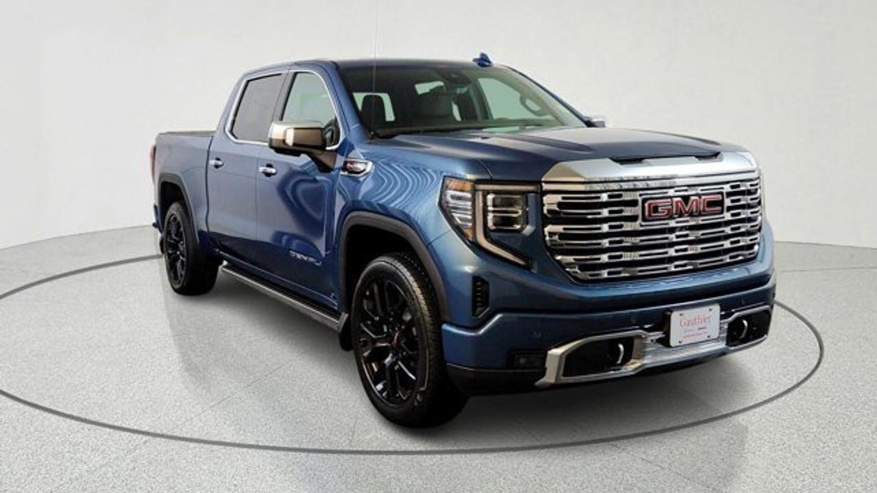 The 2026 GMC Sierra 1500 Denali with the 6.2-L EcoTec3 V8 delivers impressive performance, producing about 420 horsepower and 460 lb-ft of torque, paired with a 10-speed automatic transmission and featuring Dynamic Fuel Management for efficiency and strength. With the Denali Reserve Super Cruise Package, a sunroof, MultiPro power steps, a technology package including a rear-camera mirror and 15-inch multicolor head-up display and SuperCruise handsfree driving are included. Visually and in ride presence, the 22-inch painted aluminum wheels with machining and bright chrome inserts set this trim apart, and the Jet Black Forge perforated leather interior with heated/ventilated front seats, as well as many comfort and driver assistance features rounds out the premium experience.