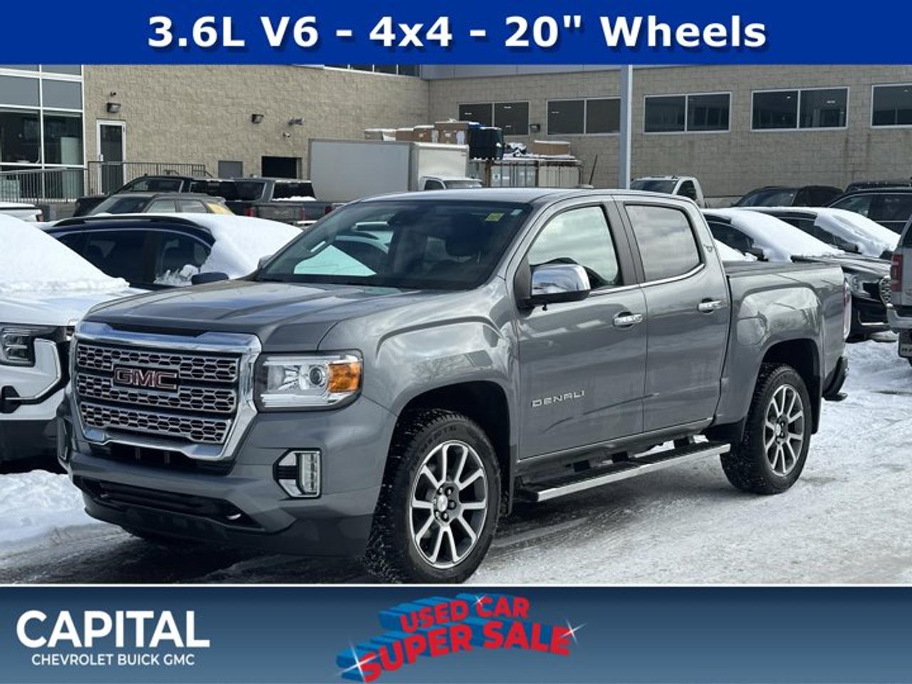 Recent Arrival!Ask for the Internet Department for more information or book your test drive today! Call 403-256-4960 for fast answers at your fingertips! Disclaimer: All prices are plus taxes. See dealer for details. AMVIC Licensed Dealer # B2020028.2021 Canyon 8-Speed Automatic 4WD Canyon Denali, 4WD, 5 Rectangular Chrome Assist Steps, Black Spray-On Bedliner w/GMC Logo, Bose Premium 7-Speaker Audio System Feature, Driver Alert Package, Forward Collision Alert, Heated Steering Wheel, Hitch Guidance, Lane Departure Warning System, Polished Exhaust Tip, Preferred Equipment Group 4SD, Tow/Haul Mode, Trailering Package, Ultrasonic Rear Parking Assist, Ventilated Driver Seat, Ventilated Front Passenger Seat, Wheels: 20 x 8.5 Diamond Cut Machined Aluminum.