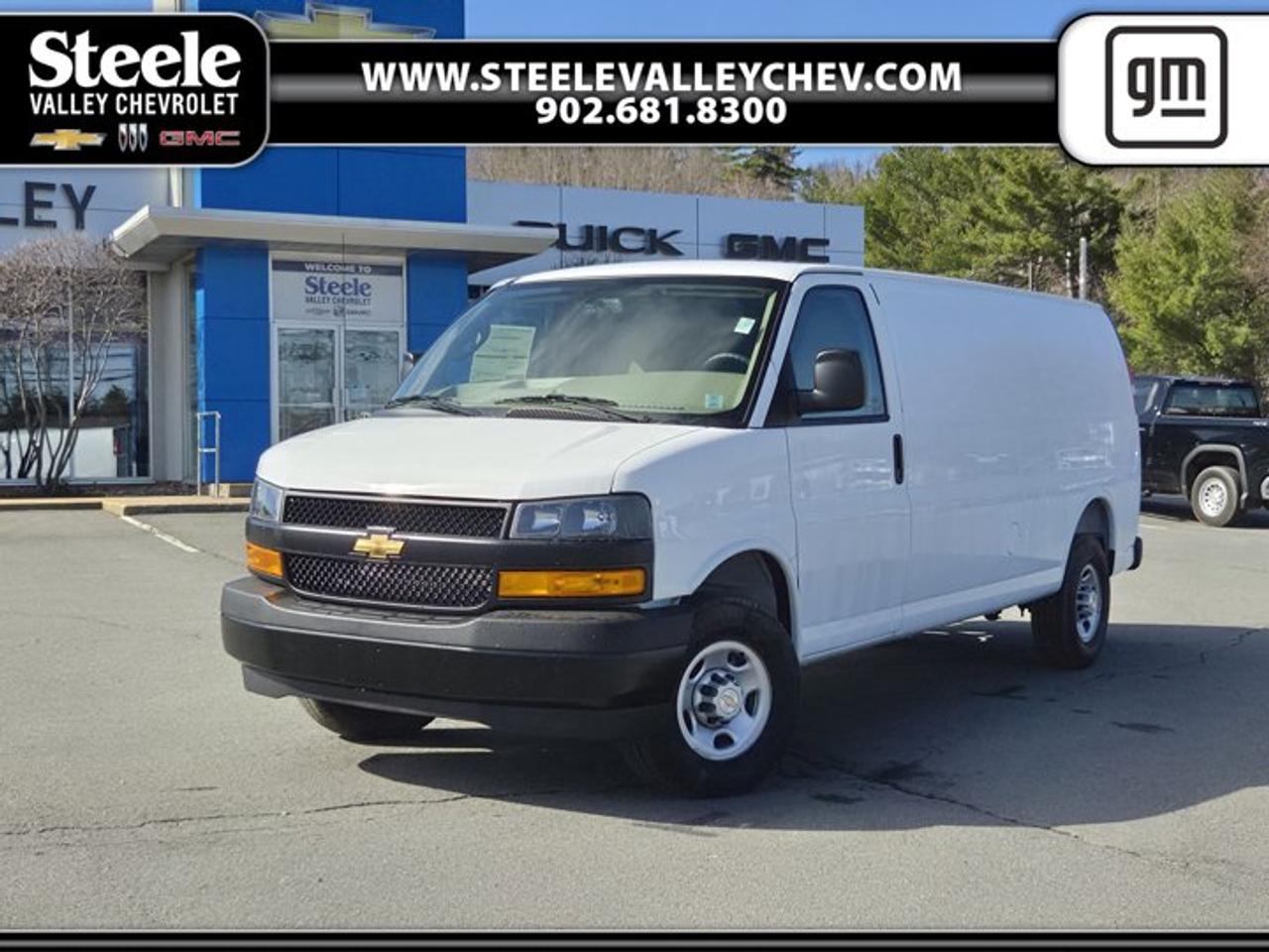 WORK VAN PREFERRED EQUIPMENT GROUP includes standard equipment, TRANSMISSION, 8-SPEED AUTOMATIC, HEAVY-DUTY, ELECTRONICALLY CONTROLLED with overdrive and tow/haul mode. Includes Cruise Grade Braking, Powertrain Grade Braking, and Tap-Up/Tap-Down Driver Shift Control, SEATS, FRONT BUCKET WITH CUSTOM CLOTH TRIM head restraints and inboard armrests Includes (BA3) console with swing-out storage bin.), SEATING ARRANGEMENT, DRIVER AND FRONT PASSENGER HIGH-BACK BUCKETS with head restraints and vinyl or cloth trim (STD), REAR AXLE, 3.42 RATIO, ENGINE, 6.6L V8 with Direct Injection and Variable Valve Timing, gasoline, (401 hp [299 kW] @ 5200 rpm, 464 lb-ft of torque [629 N-m] @ 4000 rpm) Includes external engine oil cooler., DOOR, SWING-OUT PASSENGER-SIDE, 60/40 SPLIT (STD), AUDIO SYSTEM, AM/FM STEREO WITH MP3 PLAYER seek-and-scan, digital clock, TheftLock, random select, auxiliary jack and 2 front door speakers (STD), ALTERNATOR, 150 AMPS, Wipers, front intermittent wet-arm with pulse washers. This Chevrolet Express Cargo Van has a dependable Gas V8 6.6L/ engine powering this Automatic transmission.* Experience a Fully-Loaded Chevrolet Express Cargo Van BASE *Wheels, 4 - 16 x 6.5 (40.6 cm x 16.5 cm) steel includes Grey centre caps and steel spare, Warning tones, headlamp on and key-in-ignition, Visors, driver and front passenger, vinyl, Tow/haul mode selector, instrument panel-mounted, Tires, rear LT245/75R16E all-season, blackwall, Tires, front LT245/75R16E all-season, blackwall, Tire, spare LT245/75R16E all-season, blackwall located at rear underbody of vehicle, Tire Pressure Monitoring System (does not apply to spare tire), Theft-deterrent system, vehicle, PASS-Key III, Suspension, rear hypoid drive axle with multi-leaf springs, Suspension, front independent with coil springs and stabilizer bar, Steering, power, Steering wheel, steel sleeve column with theft-deterrent locking feature, Black, StabiliTrak, traction assistance and vehicle stability enhancement system, Rear wheel drive, Rear Vision Camera display integrated into rearview mirror (Display included with (DRJ) inside rearview mirror.), Rear axle, 3.42 ratio (Reference the Engine/Axle page for availability.), Power outlets, 2 auxiliary on engine console cover with covers, 12-volt, Power outlet, 120-volt, OnStar Basics (OnStar Fleet Basics for Fleet) Drive more confidently with up to 8 years of core OnStar services including mobile app commands, connectivity for select apps that provide in-vehicle voice assistance and navigation with real-time traffic, and Automatic Crash Response. (Requires (UE1) OnStar. Term begins on vehicle delivery date. Paid subscription required after expiry. Services are dependent on compatible wireless networks provided by third-party wireless service providers, working vehicle electrical systems, GPS signal and other factors outside GM control. Changes in technology and wireless networks may limit or prevent the operation of certain services. Services, connectivity, and capabilities have additional terms and limitations and are subject to change, and will vary by model, vehicle configuration, software version, conditions, and geographical and technical restrictions. Compatible smartphone required for mobile app commands. Not all vehicles may transmit all crash data; OnStar links to emergency services; Voice and Maps apps are subject to change at any time and may be provided by third parties. Non-refundable and no cash value. See onstar.ca/en/info for terms and details.).* Stop By Today *Test drive this must-see, must-drive, must-own beauty today at Steele Valley Chevrolet Buick GMC Cadillac, 9184 Commercial Street, New Minas, NS, NS B4N3V9.*Disclaimer*Please verify all information with a Steele Valley representative.