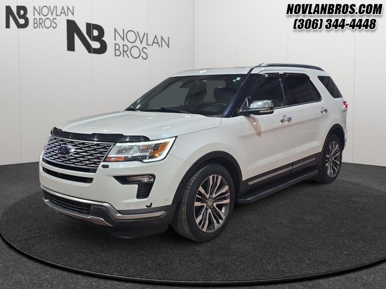 <b>Sunroof, Heated Seats, Navigation, Power Trunk, Reverse Sense System!</b><br> <br> Check out our great inventory of pre-owned vehicles at Novlan Brothers!<br> <br>The Ford Explorer is primed for modern-day exploration. Its adjustable interior offers space and comfort for the whole family. This 2019 Ford Explorer is for sale today in Paradise Hill. <br> <br>This Ford Explorer is the ultimate exploration vehicle with plenty of style and space for all of your passengers and cargo. It has the hauling capabilities of a midsize SUV combined with strong off-road capabilities. This Explorer is safer, powerful, and more comfortable than ever before and continues to lead the midsize SUV segment. This SUV has 160,763 km. Its White Platinum in colour. It has a 6 Speed Automatic transmission and is powered by a 3.5L V6 Cylinder Engine. <br> <br> Our Explorers trim level is Platinum. Upgrading to this luxurious Ford Explorer Platinum is an excellent choice as it comes with exclusive aluminum wheels and classy exterior styling, a massive sunroof and a large color touchscreen featuring navigation, Apple CarPlay, Android Auto, SYNC 3 and a 500-watt premium Sony audio system. It also features LED lights with front fog lights, perforated Nirvana leather heated and cooled seats with accent stitching, genuine wood trim, a power tailgate, heated steering wheel, split folding rear seats, a rear and front view camera with front and rear parking sensors, Ford Co-Pilot360 featuring lane keep assist, blind spot detection, cross traffic alert, active park assist and forward collision warning, a proximity key with push button start, remote engine start, FordPass Connect 4G LTE WiFi plus much more. This vehicle has been upgraded with the following features: Sunroof, Heated Seats, Navigation, Power Trunk, Reverse Sense System, Rear View Camera, Remote Engine Start.<br> To view the original window sticker for this vehicle view this <a href=http://www.windowsticker.forddirect.com/windowsticker.pdf?vin=1FM5K8HT2KGA74488 target=_blank>http://www.windowsticker.forddirect.com/windowsticker.pdf?vin=1FM5K8HT2KGA74488</a>. <br/><br> <br>To apply right now for financing use this link: <a href=http://novlanbros.com/credit/ target=_blank>http://novlanbros.com/credit/</a><br><br> <br/><br>The Novlan family is owned and operated by a third generation and committed to the values inherent from our humble beginnings.<br> Come by and check out our fleet of 20+ used cars and trucks and 90+ new cars and trucks for sale in Paradise Hill.  o~o