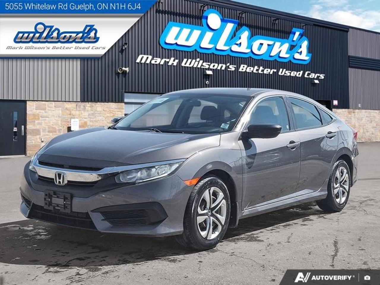 Look at this certified 2018 Honda Civic Sedan DX | 6-Speed Manual | Bluetooth | Rear Camera | Power Windows + Locks | and More !. Its Manual transmission and 2.0 L engine will keep you going. This Honda Civic Sedan comes equipped with these options: Reverse Camera, Bluetooth, Tilt Steering Wheel, Steering Radio Controls, Power Windows, Power Locks, Traction Control, and Power Mirrors. Test drive this vehicle at Mark Wilsons Better Used Cars, 5055 Whitelaw Road, Guelph, ON N1H 6J4.MASSIVE SELECTION: 500+ vehicles in ONE LOCATION, all Live Market Priced for the best value!STRAIGHTFORWARD & TRANSPARENT PRICING: Our Advertised Price INCLUDES:Safety Certification! (No separate certification fee upcharge).FREE Carfax History Report!NO upcharge for paying cash!CONFIDENCE & PEACE OF MIND: 30-Day/3,000 km Warranty INCLUDED! Plus a 5-Day Exchange Privilege!*EASY FINANCING: Better-than-bank rates, $0 Down, and 3 Months No Payments available OAC. BAD CREDIT APPROVED HERE!WE BUY CARS: Get Top Dollar for your trade, or sell us your vehicle for CASH even if you dont buy ours!www.shopwilsons.comAn Honest, Transparent Buying Experience. Trusted in business since 1961!(Cash Prices Exclude HST and Licensing Fees only.)