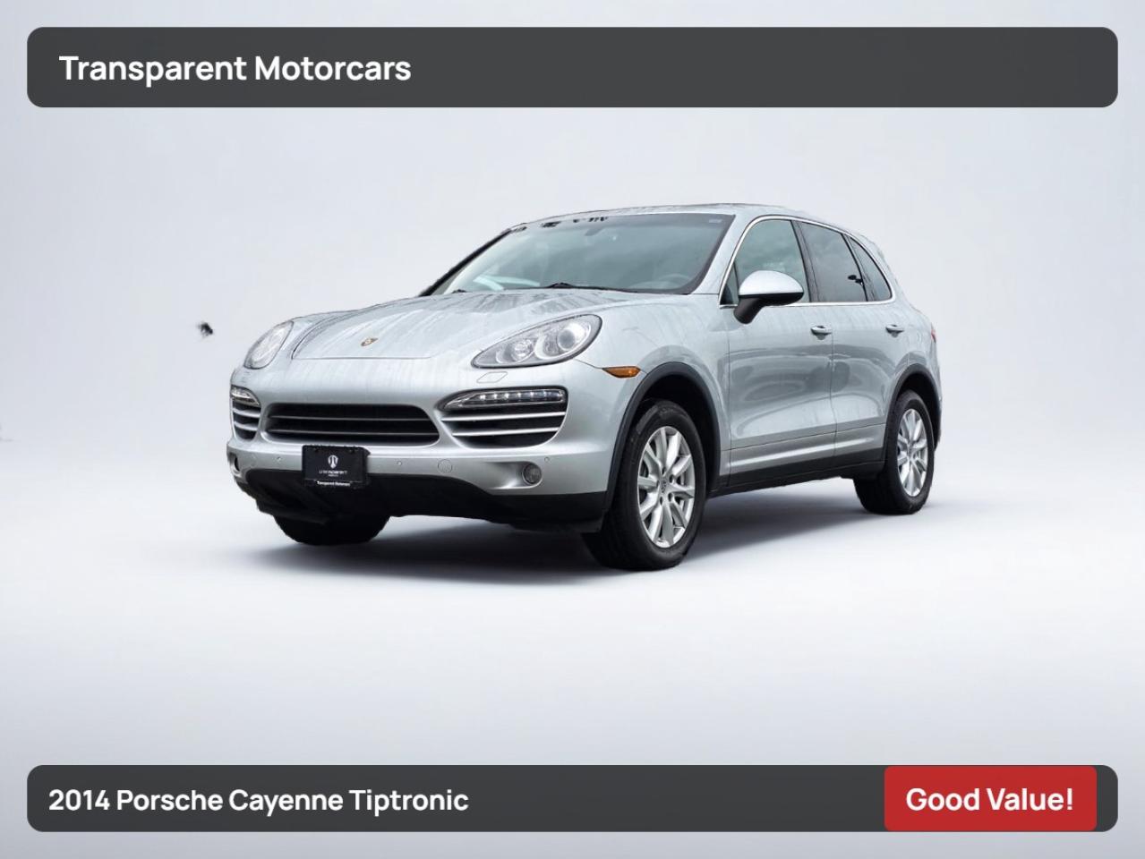 Transparent Motorcars is pleased to offer this Beautiful 2014 Porsche Cayenne Tiptronic With 172,191kms. It Features 300 Horsepower V6 Engine Paired With Automatic Transmission Layered With All-Wheel-Drive System, PREMIUM PLUS PACKAGE, Reversing Camera Including Park Assist, Bi-Xenon Lighting System PDLS, Self Dimming Mirrors With Comfort/Driver Package, Powered Sunscreen For Side Windows, Seat Ventilation, Lane Change Assist, Comfort Lighting Package, Porsche Communication Management Incl. Navigation System, Heated Rear Seats, Power Steering Plus, Power Liftgate And Much More! <br/> <br/> <br/> Stock# G00170P Dealer # 50276 <br/> <br/> <br/> $995 Documentation Fee <br/> <br/> <br/> 3771 No.3 Road Richmond/4211 No.3 Road Richmond <br/> <br/> <br/> This vehicle has undergone a comprehensive 110-point inspection at our state-of-the-art service facility, covering: Powertrain, Suspension, Tire Tread Depth ,Brake Condition ,All Electrical Components <br/> <br/> <br/> *Each vehicle comes with a limited warranty for your peace of mind. <br/> <br/> <br/> *Free, full CARFAX Vehicle History Report available upon request. <br/> <br/> <br/> *We are a 5-star rated Google dealership, trusted by our customers. <br/> <br/> <br/> *Thousands of satisfied customers  we invite you to join our automotive family! <br/> <br/> <br/> *Complimentary pick-up service from the airport, ferry terminal, or SkyTrain station is available. <br/> <br/> <br/> *For details on our refund and buyback policy, please contact our team directly. <br/> <br/> <br/> At our dealership, we pride ourselves on building lasting relationships with our customers. Were not just a one-time dealer  we are committed to being your trusted partner for all your vehicle needs, now and in the future. From your initial purchase to ongoing service, we aim to exceed expectations every step of the way. <br/>