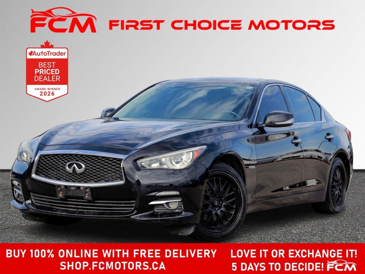 ** ** SPECIAL LIMITED TIME OFFER ** ** PURCHASE ANY VEHICLE THIS WEEK AND RECEIVE 4 BRAND-NEW ALL-SEASON TIRES AT NO ADDITIONAL COST!!! DON   T MISS THIS EXCLUSIVE CHANCE TO UPGRADE YOUR RIDE AND STAY PREPARED FOR ANY WEATHER!!! <br><br>EXCITING NEWS FROM FIRST CHOICE MOTORS! Our brand-new online showroom is now open to the public, bringing the ultimate car shopping experience right to your fingertips! Enjoy a 100% online car shopping experience, with over 500 certified vehicles in stock, comprehensive protection plans, and thousands of new auto parts & accessories available! Plus, for a limited time, were offering FREE deliveries across Ontario on all vehicle purchases! Dont miss out   visit Shop.fcmotors.ca to find and upgrade your perfect vehicle today!<br><br>Welcome to First Choice Motors, the largest car dealership in Toronto of pre-owned cars, SUVs, and vans priced between $5000-$15,000. With an impressive inventory of over 300 vehicles in stock, we are dedicated to providing our customers with a vast selection of affordable and reliable options. <br><br>Were thrilled to offer a used 2014 Infiniti Q50 Hybrid, black color with 255,000km (STK#8340) This vehicle was $7990 NOW ON SALE FOR $6490. It is equipped with the following features:<br>- Automatic Transmission<br>- Leather Seats<br>- Sunroof<br>- Heated seats<br>- Navigation<br>- All wheel drive<br>- Bluetooth<br>- Reverse camera<br>- Alloy wheels<br>- Power windows<br>- Power locks<br>- Power mirrors<br>- Air Conditioning<br><br>At First Choice Motors, we believe in providing quality vehicles that our customers can depend on. All our vehicles come with a 36-day FULL COVERAGE warranty. We also offer additional warranty options up to 5 years for our customers who want extra peace of mind.<br><br>Furthermore, all our vehicles are sold fully certified with brand new brakes rotors and pads, a fresh oil change, and brand new set of all-season tires installed & balanced. You can be confident that this car is in excellent condition and ready to hit the road.<br><br>At First Choice Motors, we believe that everyone deserves a chance to own a reliable and affordable vehicle. Thats why we offer financing options with low interest rates starting at 7.9% O.A.C. Were proud to approve all customers, including those with bad credit, no credit, students, and even 9 socials. Our finance team is dedicated to finding the best financing option for you and making the car buying process as smooth and stress-free as possible.<br><br>Our dealership is open 7 days a week to provide you with the best customer service possible. We carry the largest selection of used vehicles for sale under $9990 in all of Ontario. We stock over 300 cars, mostly Hyundai, Chevrolet, Mazda, Honda, Volkswagen, Toyota, Ford, Dodge, Kia, Mitsubishi, Acura, Lexus, and more. With our ongoing sale, you can find your dream car at a price you can afford. Come visit us today and experience why we are the best choice for your next used car purchase!<br><br>All prices exclude a $10 OMVIC fee, license plates & registration  and ONTARIO HST (13%)