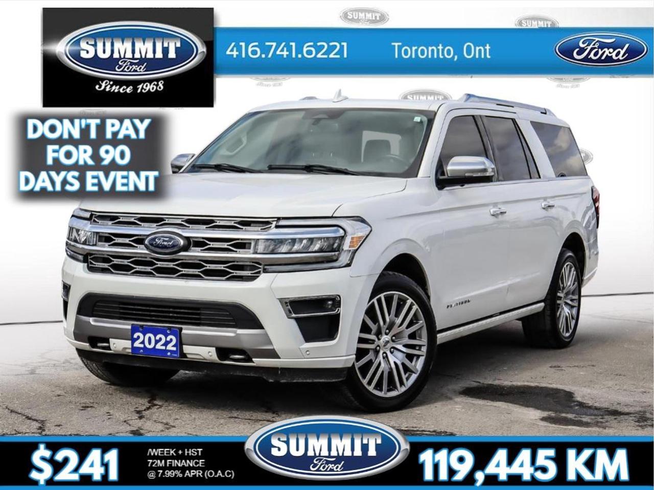 Recent Arrival! White Platinum Clearcoat Metallic 2022 Ford Expedition Max Platinum 4WD 10-Speed Automatic 3.5L V6<br><br><br>22 Speakers, 3rd row seats: split-bench, 4-Wheel Disc Brakes, ABS brakes, Active Park Assist 2.0 Removal, Adaptive suspension, Adjustable pedals, Air Conditioning, Alloy wheels, AM/FM radio: SiriusXM with 360L, Auto High-beam Headlights, Auto tilt-away steering wheel, Auto-dimming door mirrors, Auto-dimming Rear-View mirror, Automatic temperature control, Block heater, Brake assist, Bumpers: body-colour, Compass, Driver door bin, Driver vanity mirror, Dual front impact airbags, Dual front side impact airbags, Electronic Stability Control, Emergency communication system: SYNC 3 911 Assist, Equipment Group 600A, Four wheel independent suspension, Front & 2nd Row Floor Liners w/Carpet Mats, Front anti-roll bar, Front Bucket Seats, Front dual zone A/C, Front fog lights, Front License Plate Bracket, Front reading lights, Garage door transmitter, Genuine wood console insert, Genuine wood dashboard insert, Genuine wood door panel insert, Hands-Free Foot-Activated Liftgate Feature Removal, Heated door mirrors, Heated front seats, Heated rear seats, Heated steering wheel, Heated/Ventilated Luxury Leather-Trimmed Seats, Illuminated entry, Leather steering wheel, Low tire pressure warning, Memory seat, Navigation system: Connected Navigation, Occupant sensing airbag, Outside temperature display, Overhead airbag, Overhead console, Panic alarm, Passenger vanity mirror, Pedal memory, Power door mirrors, Power driver seat, Power Liftgate, Power moonroof, Power passenger seat, Power steering, Power windows, Radio data system, Radio: B&O Unleashed Sound System by Bang & Olufsen, Rain sensing wipers, Rear air conditioning, Rear anti-roll bar, Rear audio controls, Rear Seat Entertainment System (Dealer Installed), Rear window defroster, Reclining 3rd row seat, Remote keyless entry, Second Row Power Windows Removal, Security system, SiriusXM w/360L, Speed control, Speed-sensing steering, Speed-Sensitive Wipers, Steering wheel memory, Steering wheel mounted audio controls, SYNC 4 w/Enhanced Voice Recognition, Tachometer, Telescoping steering wheel, Tilt steering wheel, Traction control, Trip computer, Turn signal indicator mirrors, Wheels: 22 12-Spoke Polished Aluminum.
