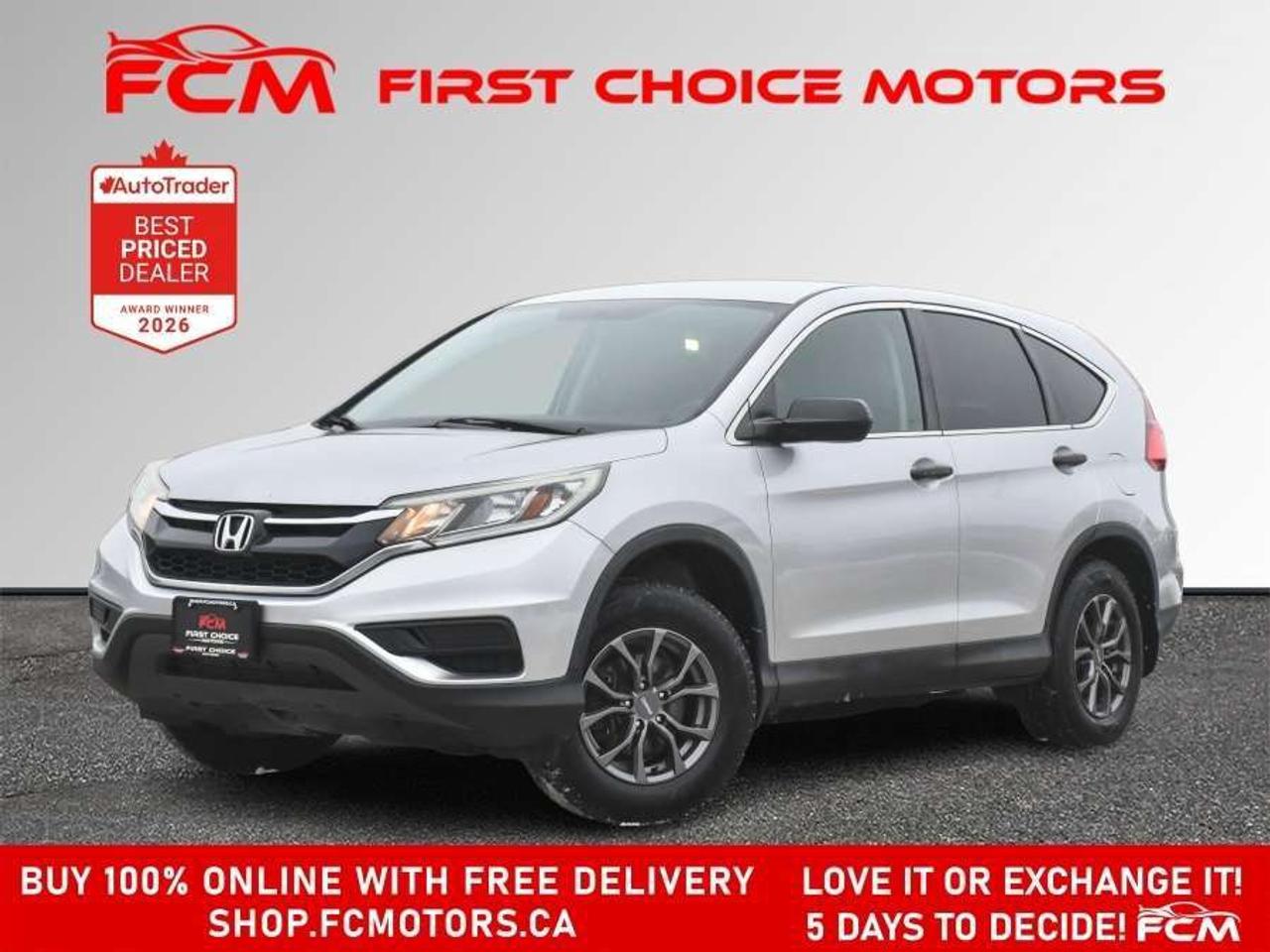 ** ** SPECIAL LIMITED TIME OFFER ** ** PURCHASE ANY VEHICLE THIS WEEK AND RECEIVE 4 BRAND-NEW ALL-SEASON TIRES AT NO ADDITIONAL COST!!! DONT MISS THIS EXCLUSIVE CHANCE TO UPGRADE YOUR RIDE AND STAY PREPARED FOR ANY WEATHER!!!       EXCITING NEWS FROM FIRST CHOICE MOTORS! Our brand-new online showroom is now open to the public, bringing the ultimate car shopping experience right to your fingertips! Enjoy a 100% online car shopping experience, with over 500 certified vehicles in stock, comprehensive protection plans, and thousands of new auto parts & accessories available! Plus, for a limited time, were offering FREE deliveries across Ontario on all vehicle purchases! Dont miss outvisit Shop.fcmotors.ca to find and upgrade your perfect vehicle today!      Welcome to First Choice Motors, the largest car dealership in Toronto of pre-owned cars, SUVs, and vans priced between $5000-$15,000. With an impressive inventory of over 300 vehicles in stock, we are dedicated to providing our customers with a vast selection of affordable and reliable options.       Were thrilled to offer a used 2016 Honda CR-V LX, silver color with 320,000km (STK#9472) This vehicle was $8990 NOW ON SALE FOR $6990. It is equipped with the following features:   - Automatic Transmission   - Heated seats   - All wheel drive   - Bluetooth   - Reverse camera   - Alloy wheels   - Power windows   - Power locks   - Power mirrors   - Air Conditioning      At First Choice Motors, we believe in providing quality vehicles that our customers can depend on. All our vehicles come with a 36-day FULL COVERAGE warranty. We also offer additional warranty options up to 5 years for our customers who want extra peace of mind.      Furthermore, all our vehicles are sold fully certified with brand new brakes rotors and pads, a fresh oil change, and brand new set of all-season tires installed & balanced. You can be confident that this car is in excellent condition and ready to hit the road.      At First Choice Motors, we believe that everyone deserves a chance to own a reliable and affordable vehicle. Thats why we offer financing options with low interest rates starting at 7.9% O.A.C. Were proud to approve all customers, including those with bad credit, no credit, students, and even 9 socials. Our finance team is dedicated to finding the best financing option for you and making the car buying process as smooth and stress-free as possible.      Our dealership is open 7 days a week to provide you with the best customer service possible. We carry the largest selection of used vehicles for sale under $9990 in all of Ontario. We stock over 300 cars, mostly Hyundai, Chevrolet, Mazda, Honda, Volkswagen, Toyota, Ford, Dodge, Kia, Mitsubishi, Acura, Lexus, and more. With our ongoing sale, you can find your dream car at a price you can afford. Come visit us today and experience why we are the best choice for your next used car purchase!      All prices include $22.00 OMVIC Fee.  Excludes, license plates, ownership registration and ONTARIO HST (13%)   *No Credit Card payments can be accepted for Vehicle Purchases*    *No Credit Card payments can be accepted for Vehicle Purchases*