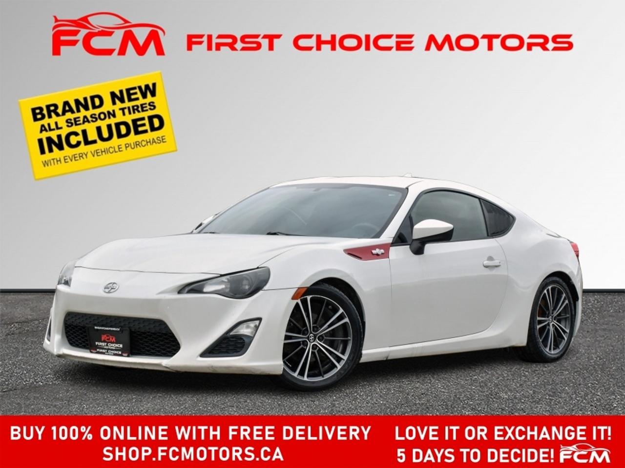 ** ** SPECIAL LIMITED TIME OFFER ** ** PURCHASE ANY VEHICLE THIS WEEK AND RECEIVE 4 BRAND-NEW ALL-SEASON TIRES AT NO ADDITIONAL COST!!! DONT MISS THIS EXCLUSIVE CHANCE TO UPGRADE YOUR RIDE AND STAY PREPARED FOR ANY WEATHER!!!       EXCITING NEWS FROM FIRST CHOICE MOTORS! Our brand-new online showroom is now open to the public, bringing the ultimate car shopping experience right to your fingertips! Enjoy a 100% online car shopping experience, with over 500 certified vehicles in stock, comprehensive protection plans, and thousands of new auto parts & accessories available! Plus, for a limited time, were offering FREE deliveries across Ontario on all vehicle purchases! Dont miss outvisit Shop.fcmotors.ca to find and upgrade your perfect vehicle today!      Welcome to First Choice Motors, the largest car dealership in Toronto of pre-owned cars, SUVs, and vans priced between $5000-$15,000. With an impressive inventory of over 300 vehicles in stock, we are dedicated to providing our customers with a vast selection of affordable and reliable options.       Were thrilled to offer a used 2013 Scion FR-S, white color with 172,000km (STK#9001) This vehicle was $10990 NOW ON SALE FOR $9990. It is equipped with the following features:   - Manual Transmission   - Alloy wheels   - Power windows   - Power locks   - Power mirrors   - Air Conditioning      At First Choice Motors, we believe in providing quality vehicles that our customers can depend on. All our vehicles come with a 36-day FULL COVERAGE warranty. We also offer additional warranty options up to 5 years for our customers who want extra peace of mind.      Furthermore, all our vehicles are sold fully certified with brand new brakes rotors and pads, a fresh oil change, and brand new set of all-season tires installed & balanced. You can be confident that this car is in excellent condition and ready to hit the road.      At First Choice Motors, we believe that everyone deserves a chance to own a reliable and affordable vehicle. Thats why we offer financing options with low interest rates starting at 7.9% O.A.C. Were proud to approve all customers, including those with bad credit, no credit, students, and even 9 socials. Our finance team is dedicated to finding the best financing option for you and making the car buying process as smooth and stress-free as possible.      Our dealership is open 7 days a week to provide you with the best customer service possible. We carry the largest selection of used vehicles for sale under $9990 in all of Ontario. We stock over 300 cars, mostly Hyundai, Chevrolet, Mazda, Honda, Volkswagen, Toyota, Ford, Dodge, Kia, Mitsubishi, Acura, Lexus, and more. With our ongoing sale, you can find your dream car at a price you can afford. Come visit us today and experience why we are the best choice for your next used car purchase!      All prices include $22.00 OMVIC Fee.  Excludes, license plates, ownership registration and ONTARIO HST (13%)   *No Credit Card payments can be accepted for Vehicle Purchases*    *No Credit Card payments can be accepted for Vehicle Purchases*