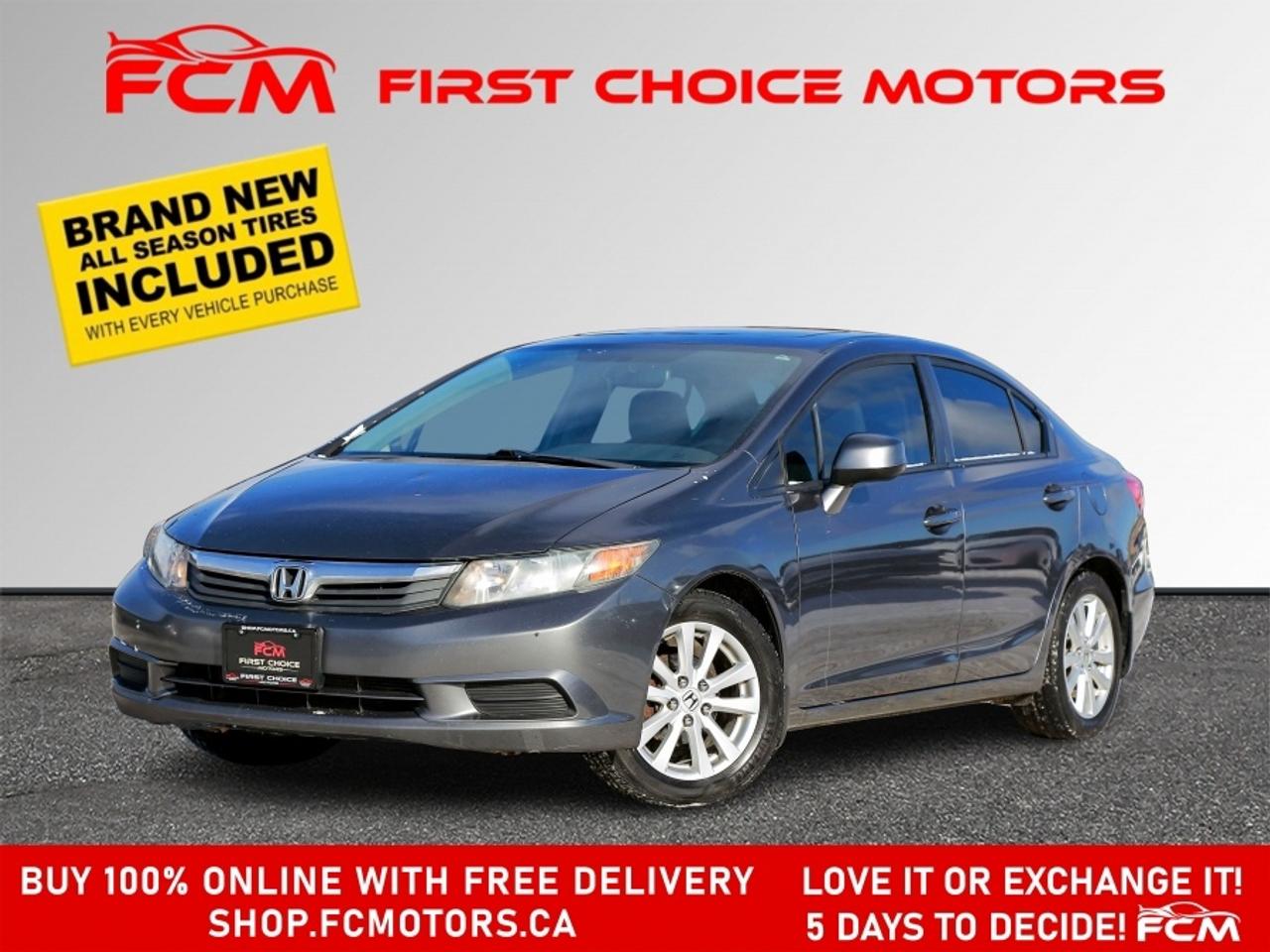 ** ** SPECIAL LIMITED TIME OFFER ** ** PURCHASE ANY VEHICLE THIS WEEK AND RECEIVE 4 BRAND-NEW ALL-SEASON TIRES AT NO ADDITIONAL COST!!! DONT MISS THIS EXCLUSIVE CHANCE TO UPGRADE YOUR RIDE AND STAY PREPARED FOR ANY WEATHER!!!       EXCITING NEWS FROM FIRST CHOICE MOTORS! Our brand-new online showroom is now open to the public, bringing the ultimate car shopping experience right to your fingertips! Enjoy a 100% online car shopping experience, with over 500 certified vehicles in stock, comprehensive protection plans, and thousands of new auto parts & accessories available! Plus, for a limited time, were offering FREE deliveries across Ontario on all vehicle purchases! Dont miss outvisit Shop.fcmotors.ca to find and upgrade your perfect vehicle today!      Welcome to First Choice Motors, the largest car dealership in Toronto of pre-owned cars, SUVs, and vans priced between $5000-$15,000. With an impressive inventory of over 300 vehicles in stock, we are dedicated to providing our customers with a vast selection of affordable and reliable options.       Were thrilled to offer a used 2012 Honda Civic EX-L, grey color with 356,000km (STK#9533) This vehicle was $6490 NOW ON SALE FOR $5990. It is equipped with the following features:   - Automatic Transmission   - Leather Seats   - Sunroof   - Heated seats   - Navigation   - Bluetooth   - Alloy wheels   - Power windows   - Power locks   - Power mirrors   - Air Conditioning      At First Choice Motors, we believe in providing quality vehicles that our customers can depend on. All our vehicles come with a 36-day FULL COVERAGE warranty. We also offer additional warranty options up to 5 years for our customers who want extra peace of mind.      Furthermore, all our vehicles are sold fully certified with brand new brakes rotors and pads, a fresh oil change, and brand new set of all-season tires installed & balanced. You can be confident that this car is in excellent condition and ready to hit the road.      At First Choice Motors, we believe that everyone deserves a chance to own a reliable and affordable vehicle. Thats why we offer financing options with low interest rates starting at 7.9% O.A.C. Were proud to approve all customers, including those with bad credit, no credit, students, and even 9 socials. Our finance team is dedicated to finding the best financing option for you and making the car buying process as smooth and stress-free as possible.      Our dealership is open 7 days a week to provide you with the best customer service possible. We carry the largest selection of used vehicles for sale under $9990 in all of Ontario. We stock over 300 cars, mostly Hyundai, Chevrolet, Mazda, Honda, Volkswagen, Toyota, Ford, Dodge, Kia, Mitsubishi, Acura, Lexus, and more. With our ongoing sale, you can find your dream car at a price you can afford. Come visit us today and experience why we are the best choice for your next used car purchase!      All prices include $22.00 OMVIC Fee.  Excludes, license plates, ownership registration and ONTARIO HST (13%)   *No Credit Card payments can be accepted for Vehicle Purchases*    *No Credit Card payments can be accepted for Vehicle Purchases*