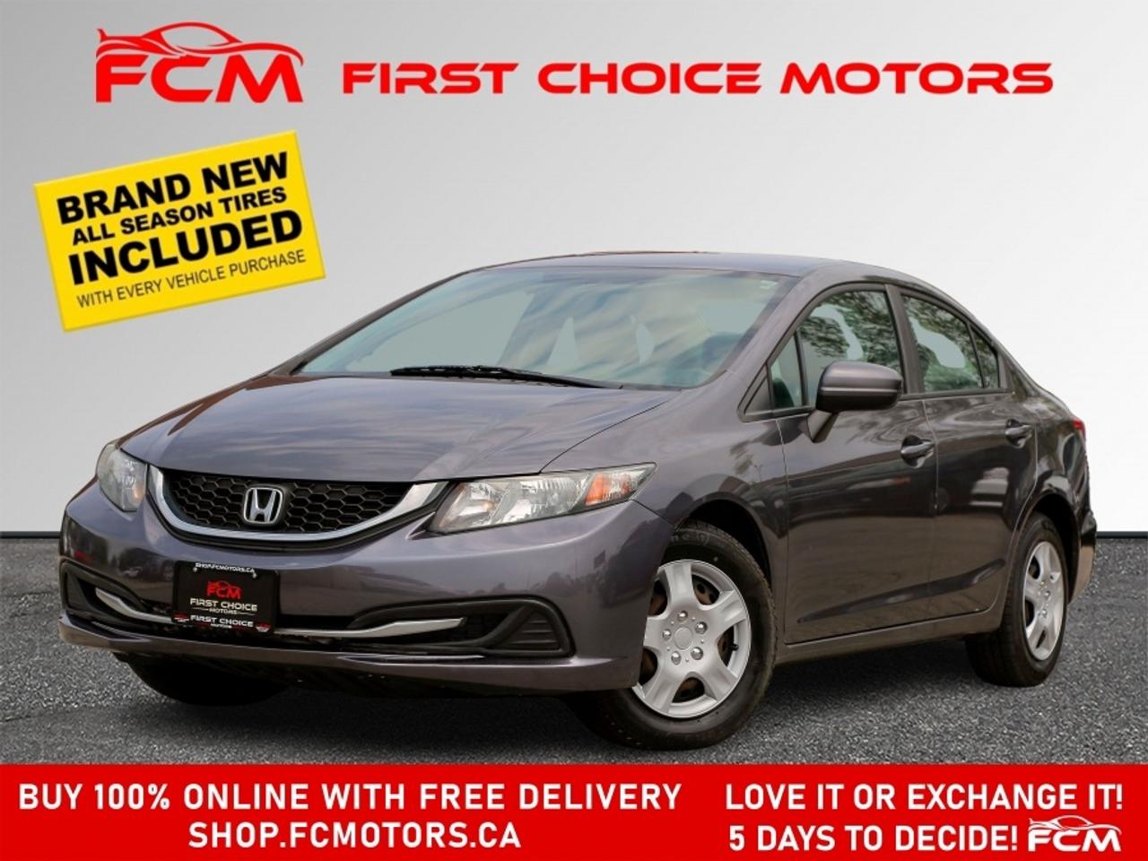 ** ** SPECIAL LIMITED TIME OFFER ** ** PURCHASE ANY VEHICLE THIS WEEK AND RECEIVE 4 BRAND-NEW ALL-SEASON TIRES AT NO ADDITIONAL COST!!! DONT MISS THIS EXCLUSIVE CHANCE TO UPGRADE YOUR RIDE AND STAY PREPARED FOR ANY WEATHER!!!       EXCITING NEWS FROM FIRST CHOICE MOTORS! Our brand-new online showroom is now open to the public, bringing the ultimate car shopping experience right to your fingertips! Enjoy a 100% online car shopping experience, with over 500 certified vehicles in stock, comprehensive protection plans, and thousands of new auto parts & accessories available! Plus, for a limited time, were offering FREE deliveries across Ontario on all vehicle purchases! Dont miss outvisit Shop.fcmotors.ca to find and upgrade your perfect vehicle today!      Welcome to First Choice Motors, the largest car dealership in Toronto of pre-owned cars, SUVs, and vans priced between $5000-$15,000. With an impressive inventory of over 300 vehicles in stock, we are dedicated to providing our customers with a vast selection of affordable and reliable options.       Were thrilled to offer a used 2015 Honda Civic LX, grey color with 195,000km (STK#8713) This vehicle was $12990 NOW ON SALE FOR $11990. It is equipped with the following features:   - Automatic Transmission   - Heated seats   - Bluetooth   - Reverse camera   - Power windows   - Power locks   - Power mirrors   - Air Conditioning      At First Choice Motors, we believe in providing quality vehicles that our customers can depend on. All our vehicles come with a 36-day FULL COVERAGE warranty. We also offer additional warranty options up to 5 years for our customers who want extra peace of mind.      Furthermore, all our vehicles are sold fully certified with brand new brakes rotors and pads, a fresh oil change, and brand new set of all-season tires installed & balanced. You can be confident that this car is in excellent condition and ready to hit the road.      At First Choice Motors, we believe that everyone deserves a chance to own a reliable and affordable vehicle. Thats why we offer financing options with low interest rates starting at 7.9% O.A.C. Were proud to approve all customers, including those with bad credit, no credit, students, and even 9 socials. Our finance team is dedicated to finding the best financing option for you and making the car buying process as smooth and stress-free as possible.      Our dealership is open 7 days a week to provide you with the best customer service possible. We carry the largest selection of used vehicles for sale under $9990 in all of Ontario. We stock over 300 cars, mostly Hyundai, Chevrolet, Mazda, Honda, Volkswagen, Toyota, Ford, Dodge, Kia, Mitsubishi, Acura, Lexus, and more. With our ongoing sale, you can find your dream car at a price you can afford. Come visit us today and experience why we are the best choice for your next used car purchase!      All prices exclude a $10 OMVIC fee, license plates & registration  and ONTARIO HST (13%)    *No Credit Card payments can be accepted for Vehicle Purchases*