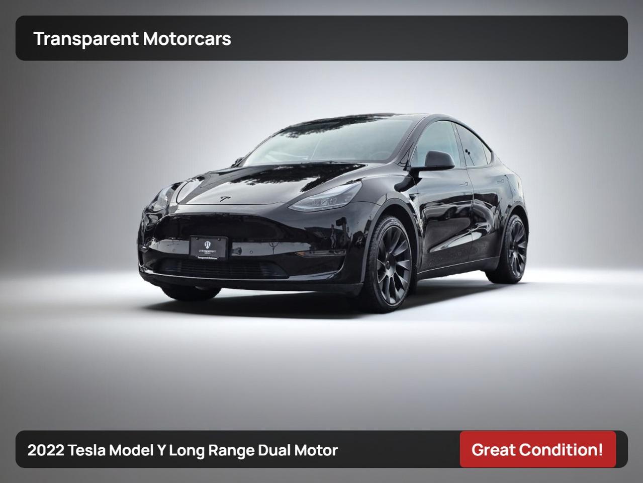 Transparent Motorcars is pleased to offer this beautiful 2022 Tesla Model Y Long Range Dual Motor With 70,623kms, Good Condition! It Features 384 Horsepower Electric Motors Paired With All-Wheel-Drive System, Bucket Front Power Seats, Blind Spot, Pre-Collision Safety System, Stability/Traction Control, TPMS, USB Port, 4 One-Touch Power Windows, Rear View Camera, Wireless Charging, Adaptive Cruise Control, Universal Remote Transmitter, Heated Steering Wheel, Heated Seats And Much More! <br/> <br/> <br/> <br/> <br/> Stock# G00172T Dealer # 50276 <br/> <br/> <br/> $995 Documentation Fee <br/> <br/> <br/> 3771 No.3 Road Richmond/4211 No.3 Road Richmond <br/> <br/> <br/> This vehicle has undergone a comprehensive 110-point inspection at our state-of-the-art service facility, covering: Powertrain, Suspension, Tire Tread Depth ,Brake Condition ,All Electrical Components <br/> <br/> <br/> *Each vehicle comes with a limited warranty for your peace of mind. <br/> <br/> <br/> *Free, full CARFAX Vehicle History Report available upon request. <br/> <br/> <br/> *We are a 5-star rated Google dealership, trusted by our customers. <br/> <br/> <br/> *Thousands of satisfied customers  we invite you to join our automotive family! <br/> <br/> <br/> *Complimentary pick-up service from the airport, ferry terminal, or SkyTrain station is available. <br/> <br/> <br/> *For details on our refund and buyback policy, please contact our team directly. <br/> <br/> <br/> At our dealership, we pride ourselves on building lasting relationships with our customers. Were not just a one-time dealer  we are committed to being your trusted partner for all your vehicle needs, now and in the future. From your initial purchase to ongoing service, we aim to exceed expectations every step of the way. <br/>