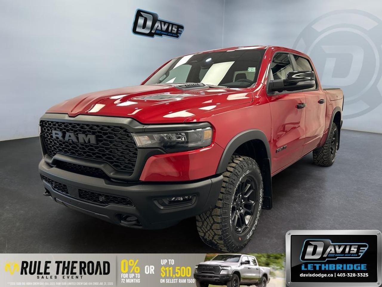 <p>Rev up your drive with the 2026 Ram 1500 Rebel 4x4 Crew Cab in a striking molten red pearl, equipped with an impressive 4×4 drivetrain. Experience exceptional handling and performance with the Quick Order Package 21W Rebel, featuring both a 3.0L I6 Hurricane SO Twin Turbo ESS engine and an 8-speed automatic transmission.</p><p>Step into sophistication with the Rebel's black interior:</p><ul><li>Air conditioning for climate comfort</li><li>Heated seats and steering wheel for those chilly days</li><li>Leather-wrapped steering wheel for a premium feel</li><li>Power-adjustable pedals and seats with memory settings</li><li>Dual-pane panoramic sunroof for breathtaking views</li><li>19-Speaker harman/kardon premium sound for an unparalleled audio experience</li><li>Spacious Crew Cab design with ample room for passengers</li></ul><p>On the exterior, the Ram 1500 Rebel stands out with:</p><ul><li>Monotone paint and accent-color door and tailgate handles</li><li>Stylish alloy wheels</li><li>Black painted exterior mirror caps</li><li>Exterior mirrors with memory settings</li><li>Power tailgate for convenient loading and unloading</li><li>RamBox Cargo Management System for organized storage</li></ul><p>The Rebel prioritizes technology and safety with:</p><ul><li>14.4" touchscreen display with Uconnect 5 Nav system featuring Apple CarPlay</li><li>Advanced navigation system and Off-Road Information Pages for adventurous drives</li><li>Smart device integration and dual wireless charging pad</li><li>Adaptive cruise control and lane assist for safer travels</li><li>Parking sensors and backup camera for easy maneuvering</li><li>Security alarm and remote start for peace of mind</li><li>Proximity approach/departure lamps for enhanced visibility</li></ul><p>Ideal for adventure seekers and tech-savvy drivers, the 2026 Ram 1500 Rebel 4x4 Crew Cab offers the perfect combination of power, style, and innovation. Contact Davis Dodge Lethbridge today to learn more about this exciting vehicle!</p>