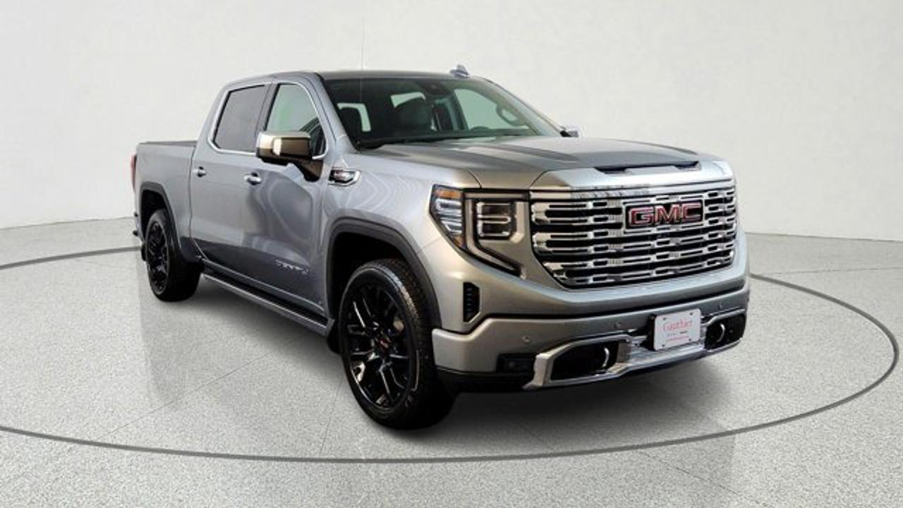 The 2026 GMC Sierra 1500 Denali with the 6.2-L EcoTec3 V8 delivers impressive performance, producing about 420 horsepower and 460 lb-ft of torque, paired with a 10-speed automatic transmission and featuring Dynamic Fuel Management for efficiency and strength. With the Denali Reserve Package, a sunroof, MultiPro power steps, a technology package including a rear-camera mirror and 15-inch multicolor head-up display are included. Visually and in ride presence, the 22-inch painted aluminum wheels with machining and bright chrome inserts set this trim apart, and the Jet Black Forge perforated leather interior with heated/ventilated front seats, as well as many comfort and driver assistance features rounds out the premium experience.