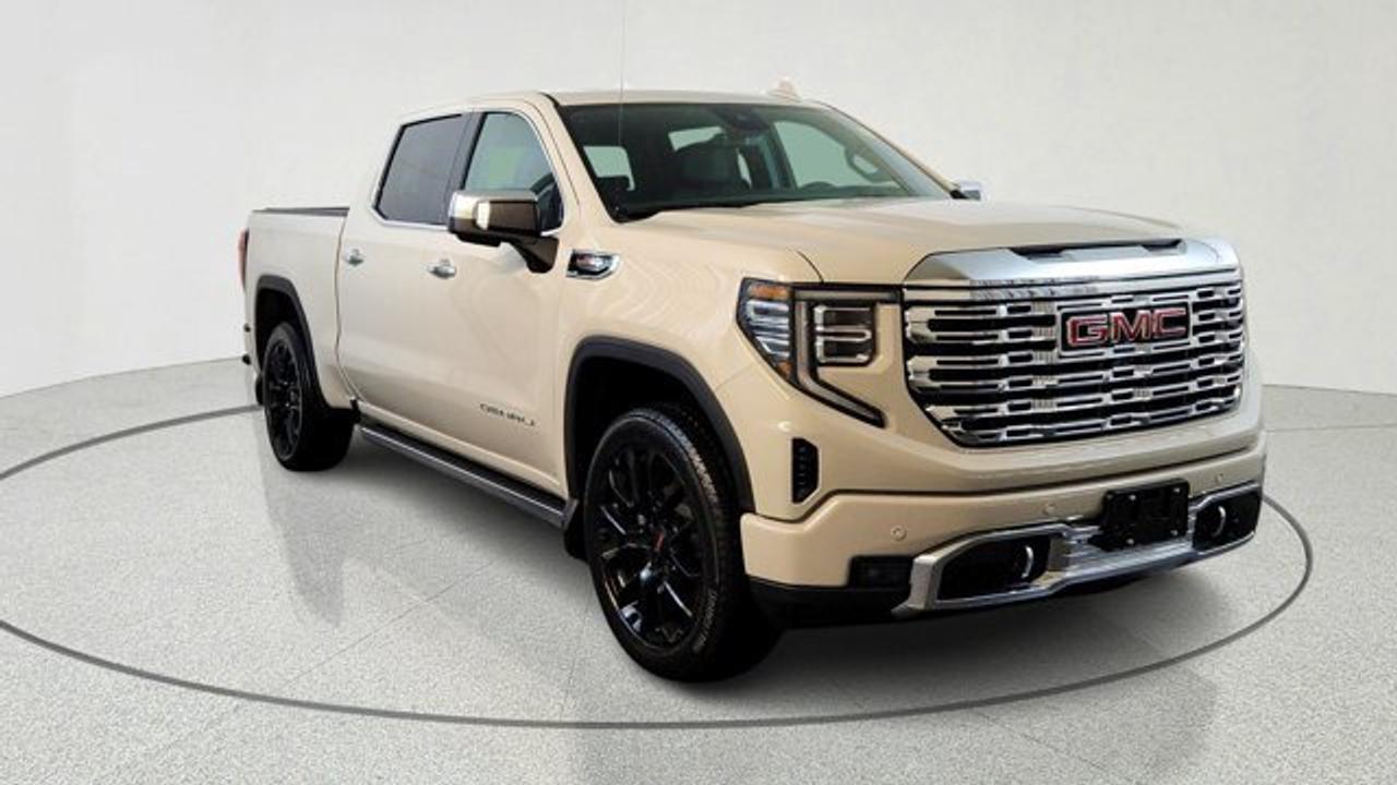 The 2026 GMC Sierra 1500 Denali with the 6.2-L EcoTec3 V8 delivers impressive performance, producing about 420 horsepower and 460 lb-ft of torque, paired with a 10-speed automatic transmission and featuring Dynamic Fuel Management for efficiency and strength. With the Denali Reserve Super Cruise Package, a sunroof, MultiPro power steps, a technology package including a rear-camera mirror and 15-inch multicolor head-up display and SuperCruise handsfree driving are included. Visually and in ride presence, the 22-inch painted aluminum wheels with machining and bright chrome inserts set this trim apart, and the Jet Black Forge perforated leather interior with heated/ventilated front seats, as well as many comfort and driver assistance features rounds out the premium experience.
