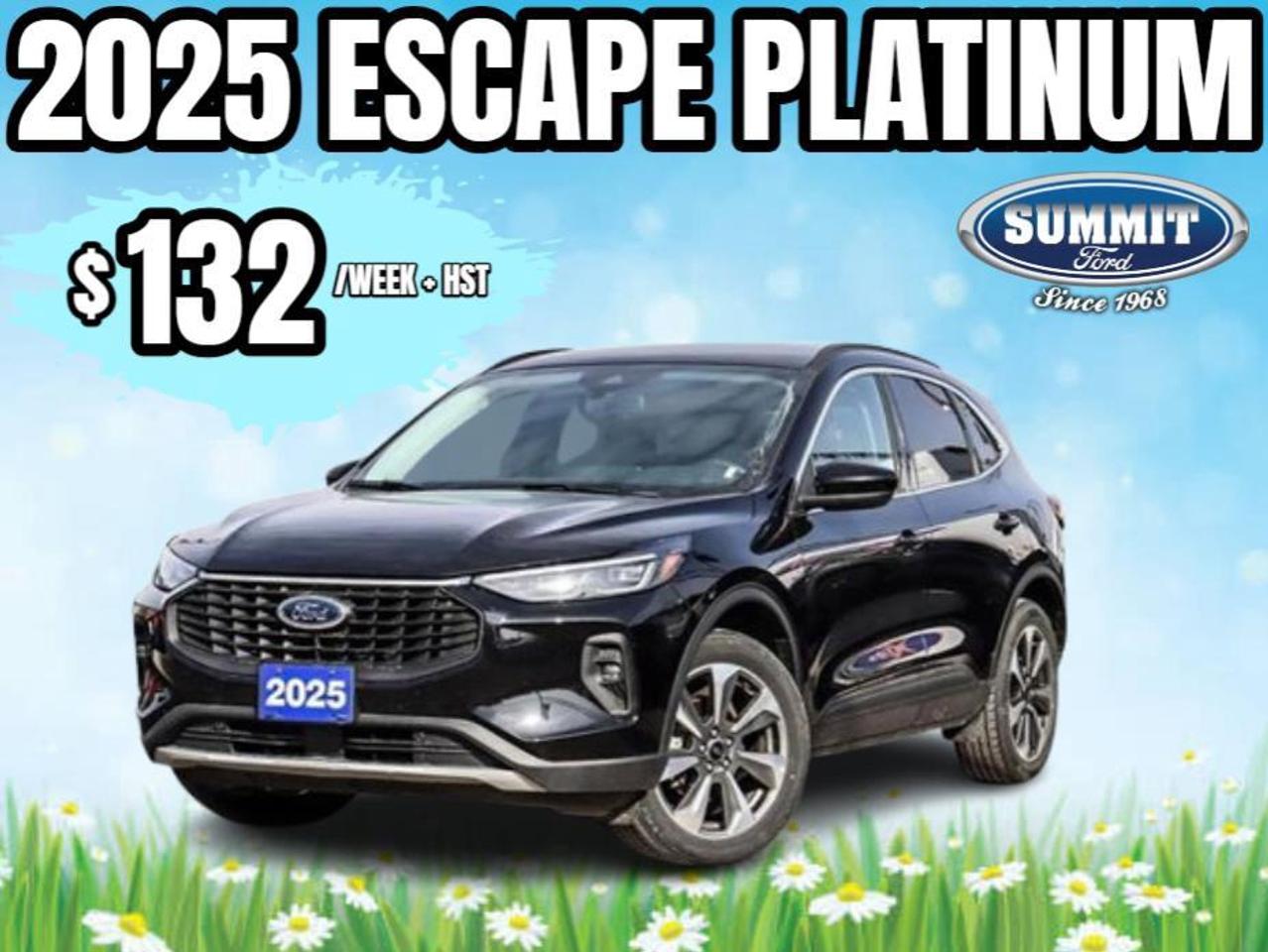 Recent Arrival! Black Metallic 2025 Ford Escape Platinum AWD 8-Speed Automatic EcoBoost 2.0L I4 GTDi DOHC Turbocharged VCT<br><br><br>10-Way Power Drivers Seat, 3.47 Axle Ratio, 4-Wheel Disc Brakes, 6-Way Power Passenger Seat, ABS brakes, Alloy wheels, Auto High-beam Headlights, Automatic temperature control, Brake assist, Compass, Dual front impact airbags, Dual front side impact airbags, Electronic Fuel Door Release, Electronic Stability Control, Emergency communication system: SYNC 4 911 Assist, Equipment Group 601A, Four wheel independent suspension, Front anti-roll bar, Front fog lights, Heated ActiveX Trimmed Sport Contour Bucket Seats, Heated front seats, Heated steering wheel, Internet access capable: FordPass Connect 4G, Knee airbag, Low tire pressure warning, Memory seat, Navigation system: Connected Navigation, Neutral Towing Capability, Occupant sensing airbag, Outside temperature display, Overhead airbag, Panic alarm, Power door mirrors, Power driver seat, Power Liftgate, Power windows, Rear anti-roll bar, Remote keyless entry, Security system, Speed control, Speed-sensing steering, Speed-Sensitive Wipers, Steering wheel mounted audio controls, SYNC 4 w/Enhanced Voice Recognition, Telescoping steering wheel, Tilt steering wheel, Traction control, Wheels: 19 Machined-Face Aluminum.