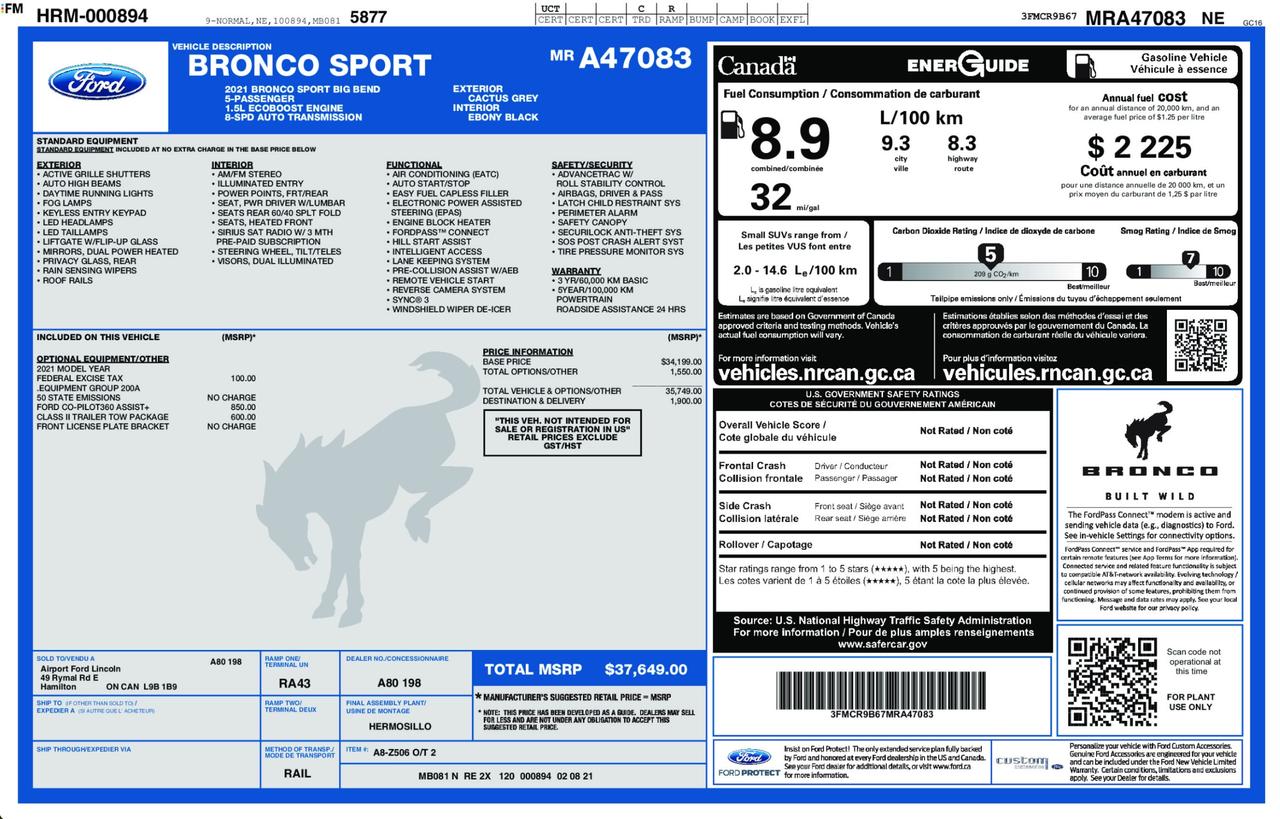 2021 Ford Bronco Sport Big Bend 200A|COPILOT 360+|TOW PKG|1 OWNER Photo