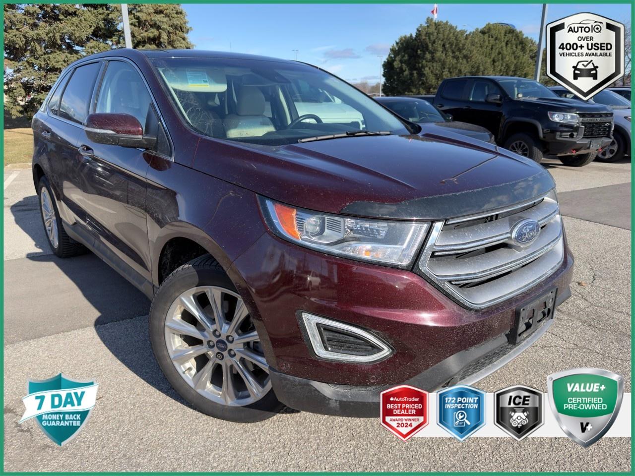 Recent Arrival! CARFAX Canada No Reported Accidents CARFAX Canada One Owner CARFAX Canada Low Kilometer<br><br>ACCIDENT FREE |, NON-SMOKER |, ONE OWNER |, REMOTE START |, SERVICED HERE |, LOW KM, AWD, 110V Power Outlet, 20 Wheels, 2nd Row Outboard Inflatable Safety Belts, Adaptive Cruise Control & Fwd Collision Warning, Adaptive Front Steering, AppLink/Apple CarPlay and Android Auto, Auto-Dimming Drivers Exterior Mirror, Auto-dimming Rear-View mirror, BLIS Blind Spot Information System, Canadian Touring Package, Cold Weather Package, Compass, Deep Tray-Style All-Weather Floor Mats, Delay-off headlights, Enhanced Park Assist w/Side Parking Sensors, Equipment Group 302A, Exterior Parking Camera Rear, Front 180 Camera w/Washer, Front dual zone A/C, Front Unique Perf Leather Heated/Cooled Sport Seats, Fully automatic headlights, Heated Rear-Seats, Heated Steering Wheel, HID Headlamps w/Auto High Beams, Lane Departure Warning & Lane Keep Assist, Navigation System, Panoramic Vista Roof, Power Liftgate, Power steering, Power Tilt/Telescoping Steering Wheel, Power windows, Radio: AM/FM Stereo w/Single-CD/MP3 Capable, Rain-Sensing Wipers, Rear Parking Sensors, Rear window defroster, Remote keyless entry, Steering wheel mounted audio controls, SYNC 3 Communications & Entertainment System, Voice Activated Navigation, Wheels: 20 Premium Polished Aluminum, Windshield Wiper De-Icer.<br><br>Certification Program Details:<br><br>We believe you deserve that fresh car feeling, so every VALUE+ vehicle gets over *$700* in reconditioning that other dealers skip. We invest in your car before you see it, so its safe, clean, and ready for the road.<br><br>=== Every VALUE+ Vehicle Includes: ===<br><br>  * A Fresh Full Synthetic Oil & Filter Change<br>  * New Engine Air Filter<br>  * New Cabin Air Filter<br>  * New Wiper Blades<br>  * A Precision 4-Wheel Alignment<br>  * A Professional, Full Interior & Exterior Detail<br><br>=== We Go Beyond the Standard, So You Can Drive with Confidence: ===<br><br>  * Twice the Safety: We require 2X the Standard for brakes/tires<br>  * Total Confidence: Backed by a 7-Day Money-Back Guarantee*.<br>  * Full Transparency: CARFAX History Report and a Market Value Report.<br><br>This is all in addition to our comprehensive 172-point inspection. We do the work so you dont have to. See more details below<br><br><br>2018 Ford Edge Titanium 302A|TOURING PK|COLD WEATHER PK|1 OWNER|NO ACCIDEN 302A|TOURING PK|COLD WEATHER PK|1 OWNER|NO ACCIDEN 4D Sport Utility EcoBoost 2.0L I4 GTDi DOHC Turbocharged VCT 6-Speed Automatic AWD<br><br>Reviews:<br>  * Owners say they appreciate the easy-to-use technology and enjoy a comfortable drive in most conditions. Expect a pleasing punch from the 2.7L engine, which sportier drivers seem to enjoy. The updated infotainment system is easy to learn, even for first-time touchscreen users. Source: autoTRADER.ca<p> </p>

<h4>VALUE+ CERTIFIED PRE-OWNED VEHICLE</h4>

<p>
- 36-point Provincial Safety Inspection<br>
- 172-point inspection combined mechanical, aesthetic, functional inspection including a vehicle report card<br>
- Warranty: 30 Days or 1500 KMS on mechanical safety-related items and extended plans are available<br>
- Complimentary CARFAX Vehicle History Report<br>
- 2X Provincial safety standard for tire tread depth<br>
- 2X Provincial safety standard for brake pad thickness<br>
- 7 Day Money Back Guarantee*<br>
- Market Value Report provided<br>
- Complimentary 3 months SIRIUS XM satellite radio subscription on equipped vehicles<br>
- Complimentary wash and vacuum<br>
- Vehicle scanned for open recall notifications from manufacturer
</p>

<p>SPECIAL NOTE: This vehicle is reserved for AutoIQs retail customers only. Please, No dealer calls. Errors & omissions excepted.</p>

<p>*As-traded, specialty or high-performance vehicles are excluded from the 7-Day Money Back Guarantee Program (including, but not limited to Ford Shelby, Ford mustang GT, Ford Raptor, Chevrolet Corvette, Camaro 2SS, Camaro ZL1, V-Series Cadillac, Dodge/Jeep SRT, Hyundai N Line, all electric models)</p>