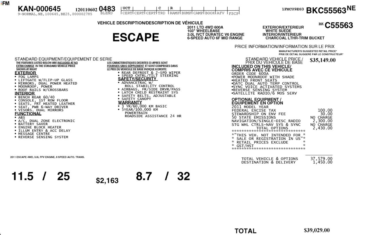 2011 Ford Escape Limited INCOMING|WHITE SUEDE|BLACK LEATHER|3.0L V6|VOICE ACTIVATED TOUCH-SCREEN NAVIGATION Photo