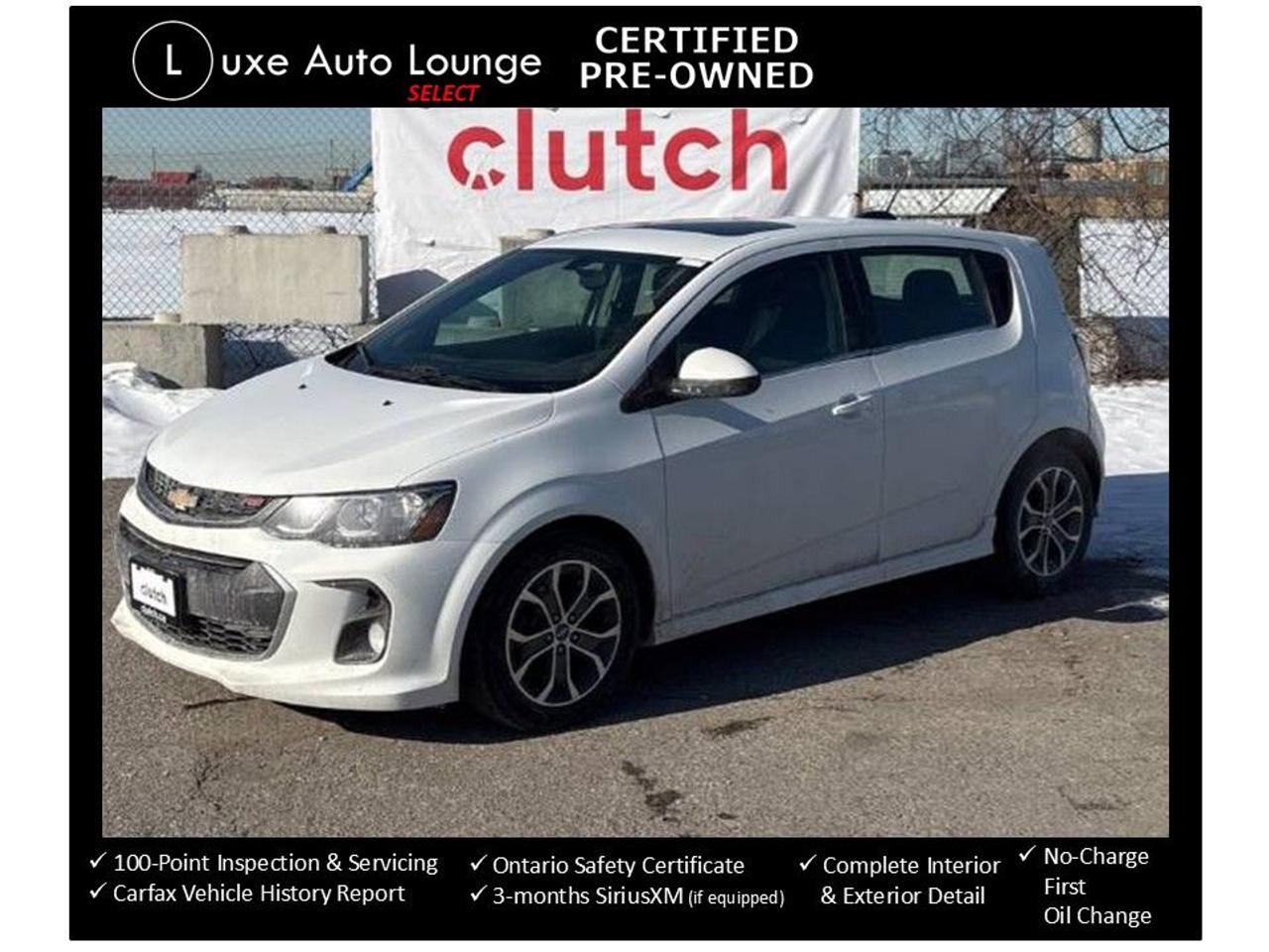 <p>Smart, affordable, fuel-efficient and well-optioned... that is what this 2017 Chevrolet Sonic LT hatchback is all about!! Comes with: RS sport package, power sunroof, automatic transmission, heated seats, remote start, back-up camera, push-button start, SiriusXM satellite radio, bluetooth hands-free, alloy wheels, air conditioning and more!</p><p>This vehicle comes Luxe certified select pre-owned, which includes: 100-point inspection & servicing, oil lube and filter change, Ontario safety certificate, Available Luxe Assurance Package, complete interior and exterior detailing, Carfax Verified vehicle history report, guaranteed one key (additional keys may be purchased at time of sale) and FREE 90-day SiriusXM satellite radio trial (on factory-equipped vehicles)! Remember, we built our business on quality, trust, service, and we deliver. PERIOD. <strong>**<em>Ask about our U-select Standard Plus Extended Powertrain Warranty Covearge!!**</em> </strong><strong>Proudly </strong><strong>Family Owned and Operated in the Orleans community for over 16 years!</strong></p><p><strong>Priced at ONLY $131 bi-weekly with $750 down over 48 months at 7.99% (cost of borrowing is $1899 per $10000 financed) OR cash purchase price of $12999 (both prices are plus HST and licensing). Call today and book your test drive appointment!</strong></p>