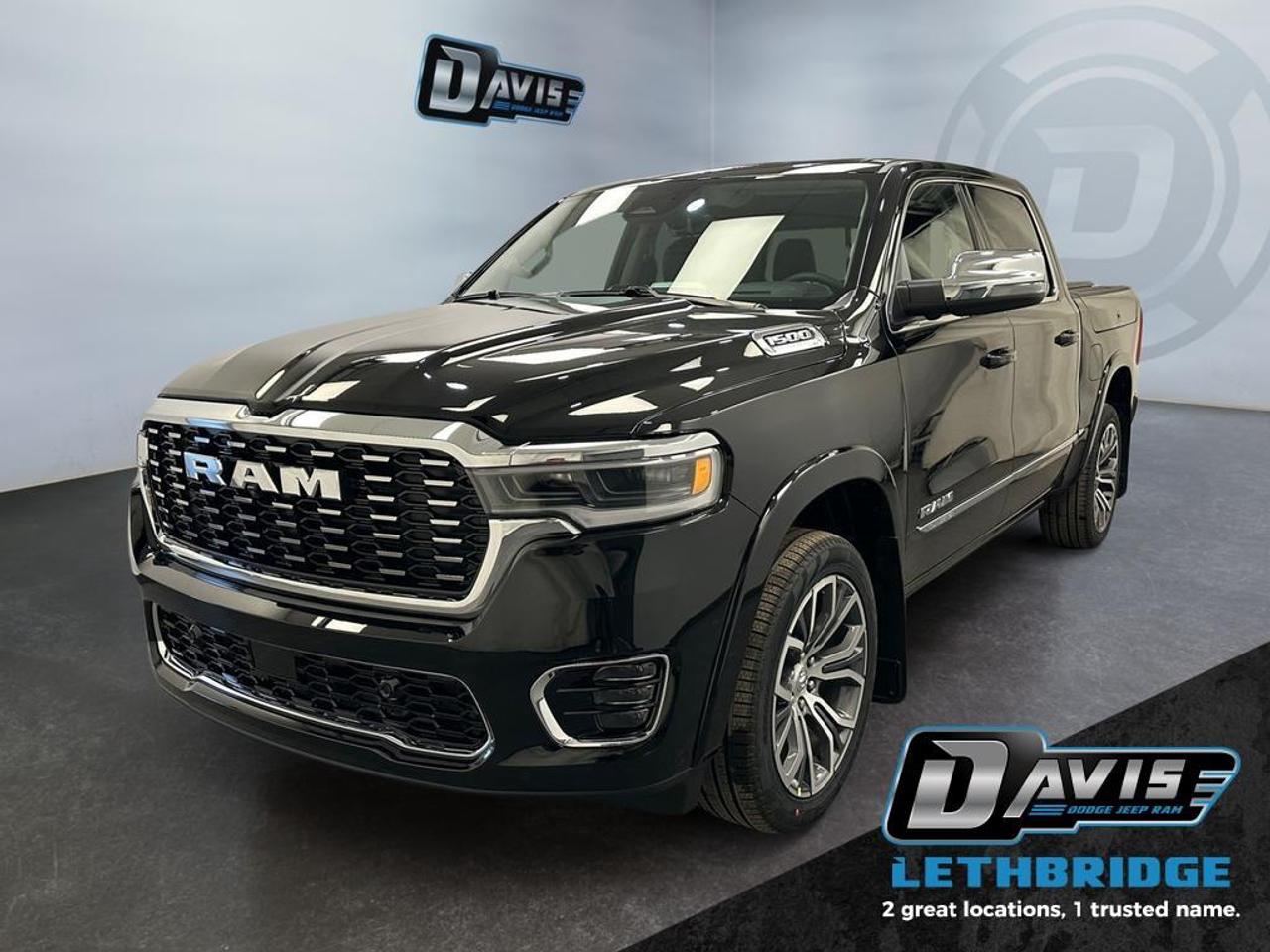 <b>Sunroof, HUD, 360 Camera, Power Tailgate, Power Running Boards!</b><br /> <br /> <br /> <br />Built tough yet crafted for comfort, the 2026 Ram 1500 sets a new standard for modern pickup performance. <br /> <br />The Ram 1500's unmatched luxury transcends traditional pickups without compromising its capability. Loaded with best-in-class features, it's easy to see why the Ram 1500 is so popular. With the most towing and hauling capability in a Ram 1500, as well as improved efficiency and exceptional capability, this truck has the grit to take on any task.<br /> <br />This Diamond Black Crystal Pearl Crew Cab 4X4 pickup has an Automatic transmission and is powered by a 540HP 3.0L Straight 6 Cylinder Engine. <br /> <br /> Our 1500's trim level is Tungsten. This trim rewards you with a panoramic sunroof, a driver head up display, a 360 aerial view camera system, and a sonorous 23-speaker Klipsch Reference Premiere audio system. Also standard include unique interior styling, a power tailgate, power running boards, power-adjustable pedals and auto-leveling suspension, ventilated and heated front and rear seats, massaging front seats, leather upholstery, a heated leather steering wheel, and an upgraded 14.4-inch infotainment screen powered by Uconnect 5W with inbuilt navigation, Apple CarPlay, Android Auto and 4G LTE Wi-Fi hotspot. Additional features include class IV towing equipment, a trailer wiring harness, front and rear parking sensors, blind spot detection, lane keeping assist with lane departure warning, remote start, adaptive cruise control, and even more! This vehicle has been upgraded with the following features: Sunroof, HUD, 360 Camera, Power Tailgate, Power Running Boards, Premium Audio, Massage Seats.<br /><br /> <br />To apply right now for financing use this link: <a href=https://lethbridge.davisdodge.ca/free-credit-check/ target=_blank rel=nofollow noopener noreferrer>https://lethbridge.davisdodge.ca/free-credit-check/</a><br /><br /> <br /><br />As a premier Chrysler, Dodge, Jeep and RAM dealership, Davis Dodge proudly offers an extensive selection of new and used vehicles to meet every drivers needs. Customers across Lethbridge, Fort Macleod, Taber, Claresholm, Coaldale, and beyond trust us for daily vehicle specials, certified service and parts, and a seamless online inventory experience. <br /><br /> With competitive financing options and expert support, we make car buying easy and enjoyable. <br /><br /> Ready to hit the road? Schedule your test drive today at Davis Dodge, your trusted Chrysler, Dodge, Jeep and RAM dealer in Lethbridge, Alberta.<br /><br /> Vehicle pricing offer shown expires 2026-05-31. <br /> Come by and check out our fleet of 70+ used cars and trucks and 110+ new cars and trucks for sale in Lethbridge. o~o